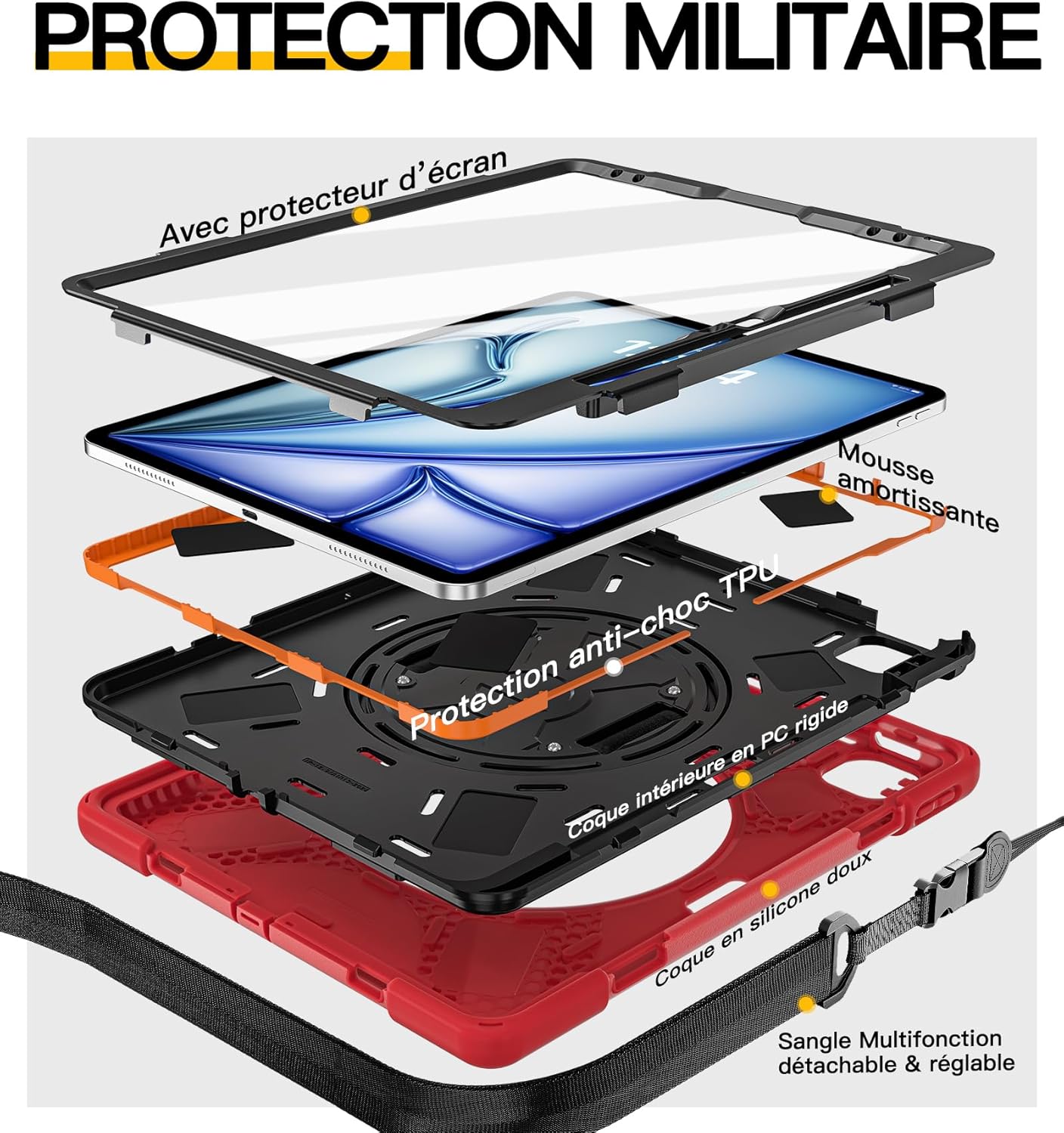 Detalle 2 de BRAECN Étui iPad Air 13 pouces avec film de protection, support 360° et dragonne (rouge) pour modèles M4/M3/M2
