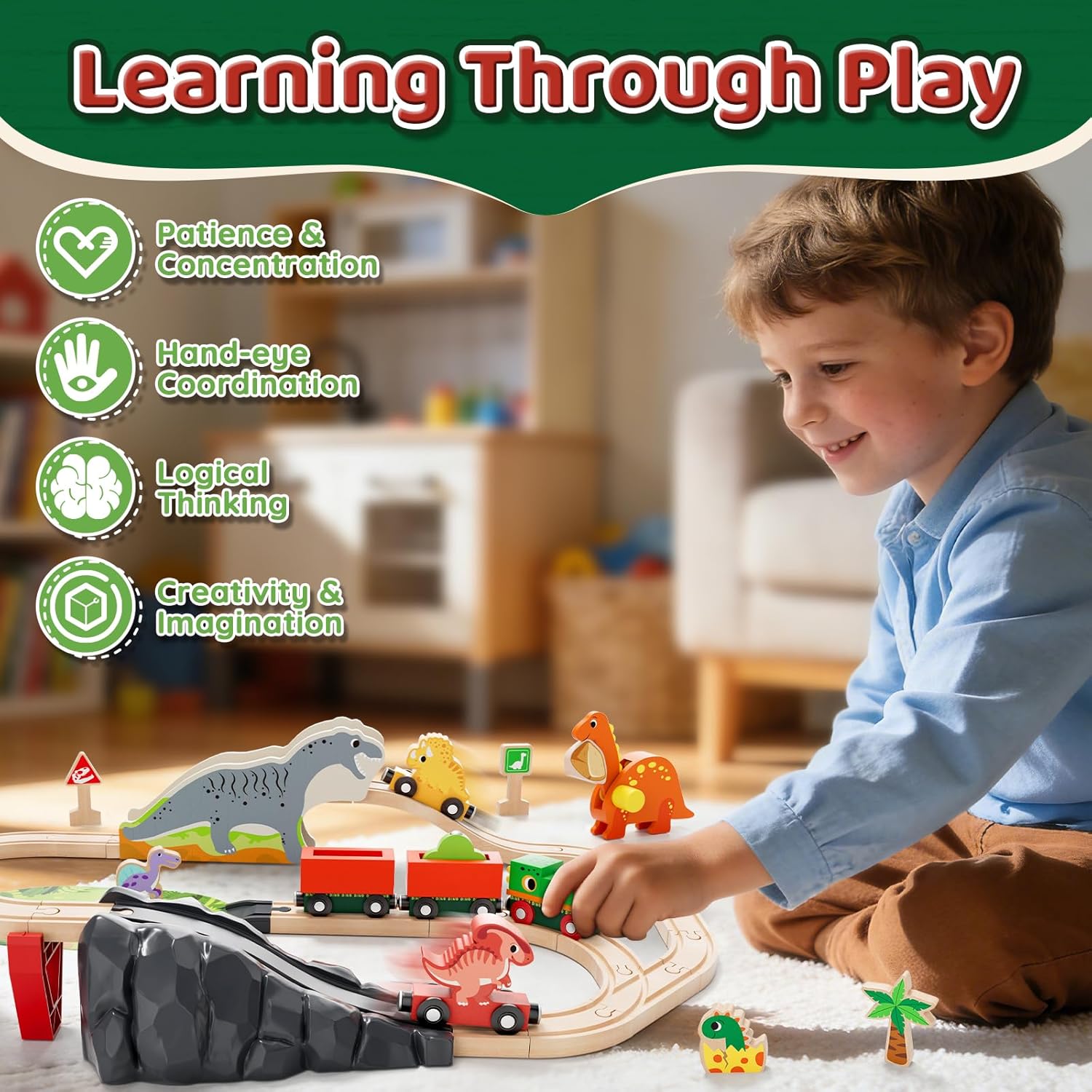Detalle de Lehoo Castle Wooden Train Set with Dinosaur Track - A versatile, kid-friendly railway adventure