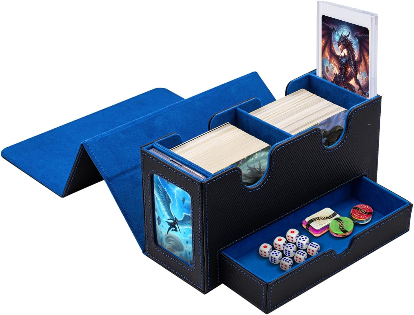 Detalle de Tolesum Doppelschicht Card Deck Box für MTG & Commander – Sammelkartenbox mit Schaufenster und Würfelfach, magnetisch (schwarz/blau)
