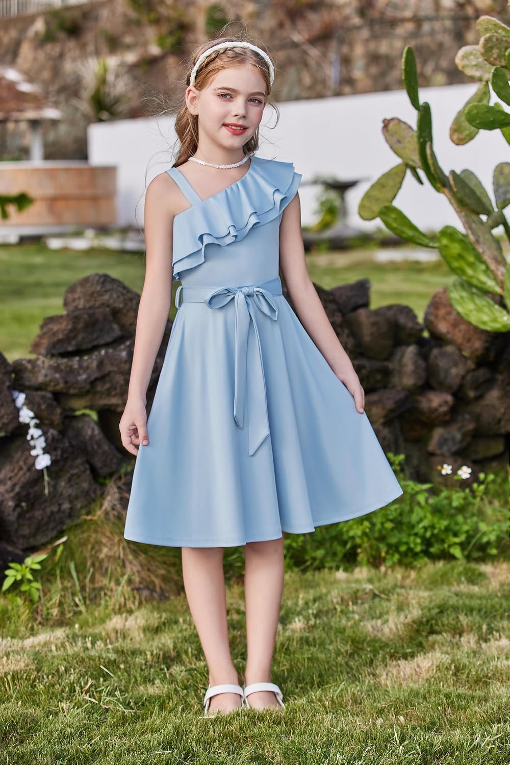 Thumbnail 3 de Robe fille une épaule Arshiner avec col à volants et ceinture ajustable, été de fête (5 à 13 ans)