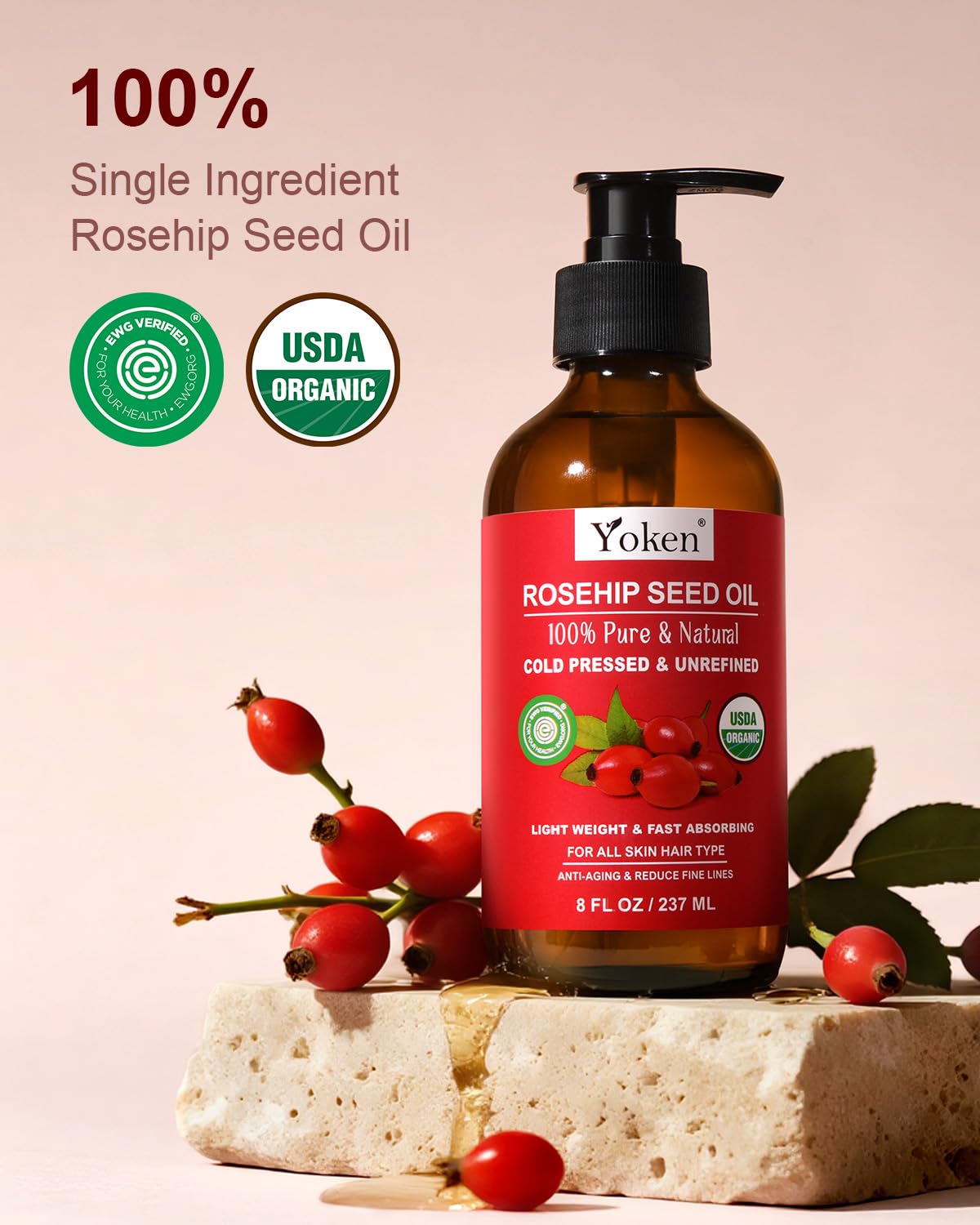 Thumbnail 1 de Yoken Organic Rosehip Seed Oil, 8 oz Cold-Pressed Oil in Glass Bottle