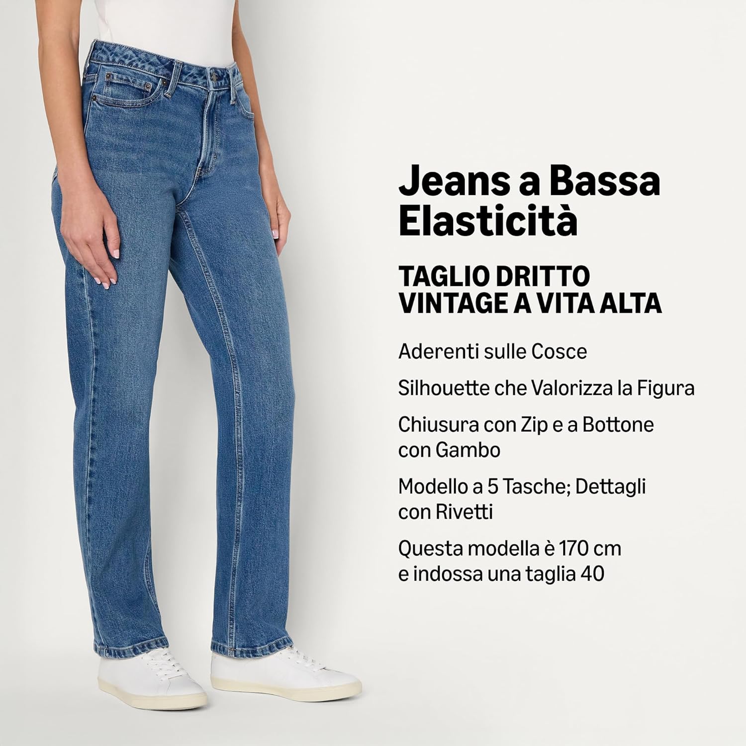 Detalle 2 de Amazon Essentials Jeans Vita Alta a Gamba Dritta Donna – Blu Medio Vintage, 40 Lungo