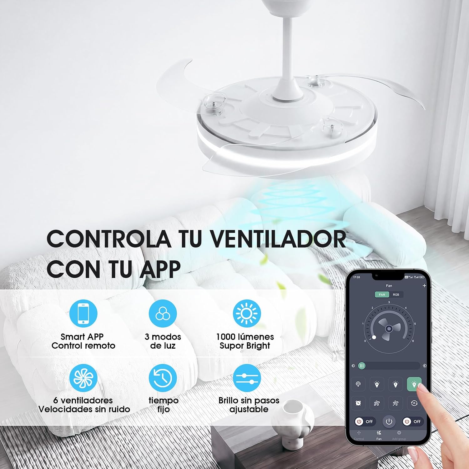 Thumbnail 3 de NIORSUN Ventilador de techo con luz 42" (106 cm) con aspas retráctiles, 3 tonalidades de luz, control por APP y mando, 6 velocidades