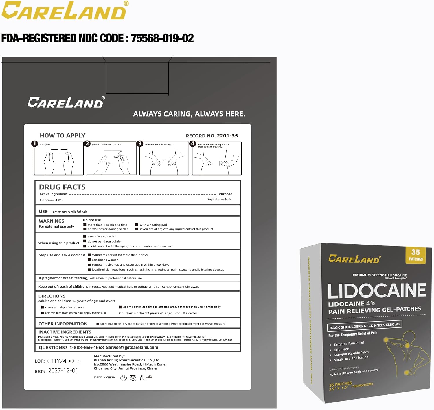 Thumbnail 1 de CARELAND 4% Lidocaine Gel Patch, 35-Count OTC Pain Relief