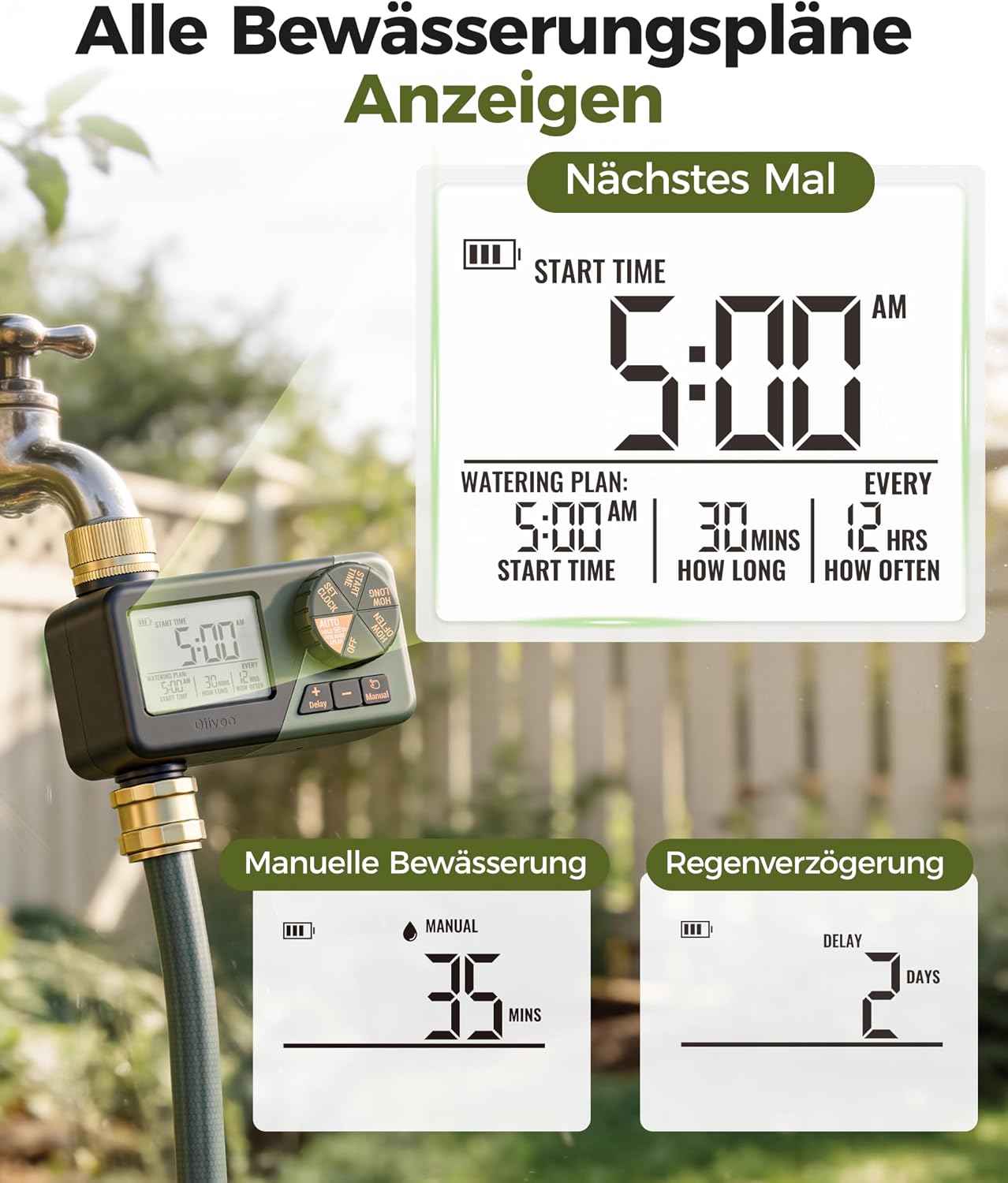 Thumbnail 1 de Diivoo IP66 Bewässerungscomputer mit großem LCD, Messing-Ein-/Ausgängen und Regenverzögerung