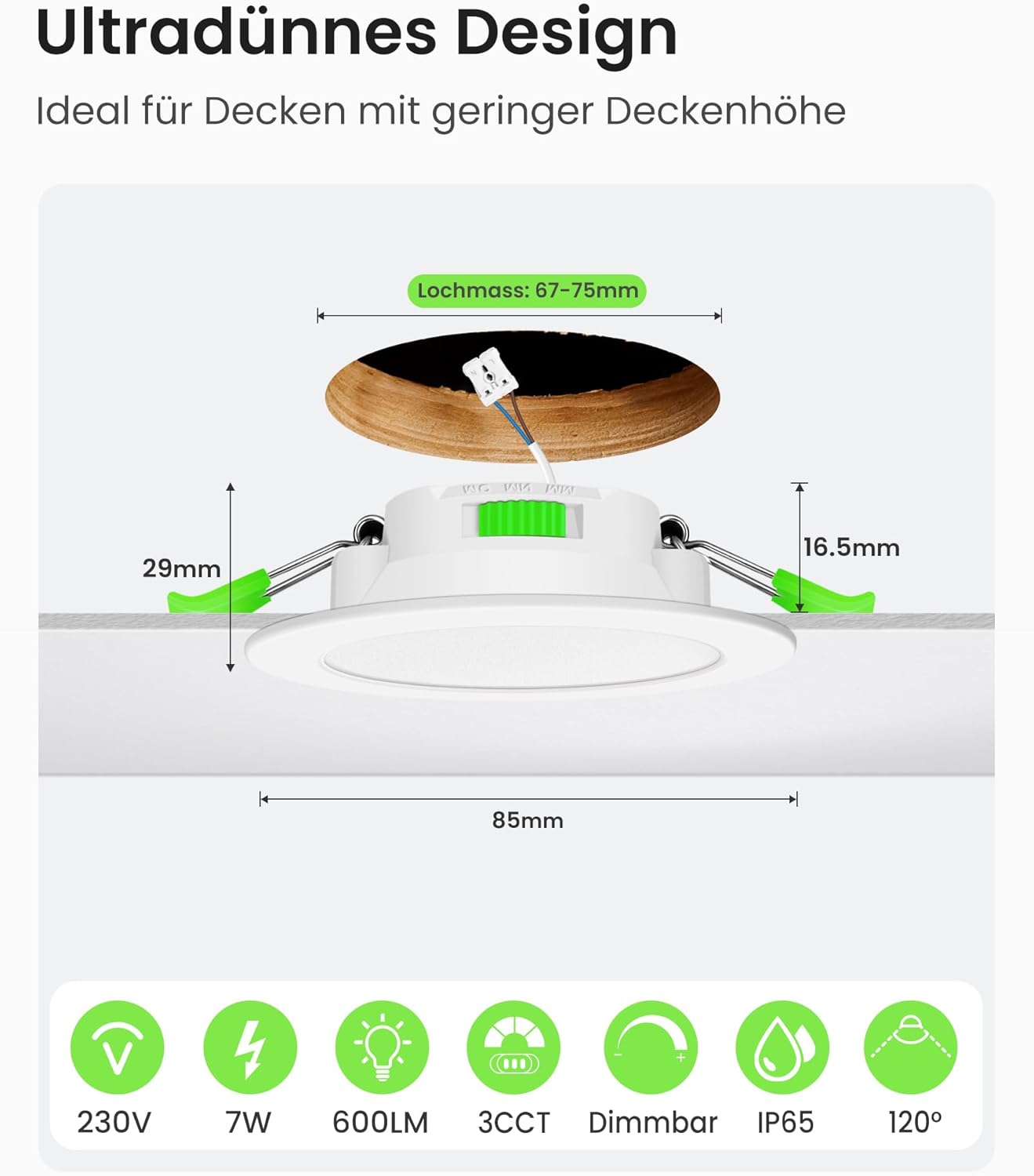 Thumbnail 1 de ALUSSO LED Einbaustrahler 230V Dimmbar Flach 68 mm, IP65 7W im 6er Set – Weiß