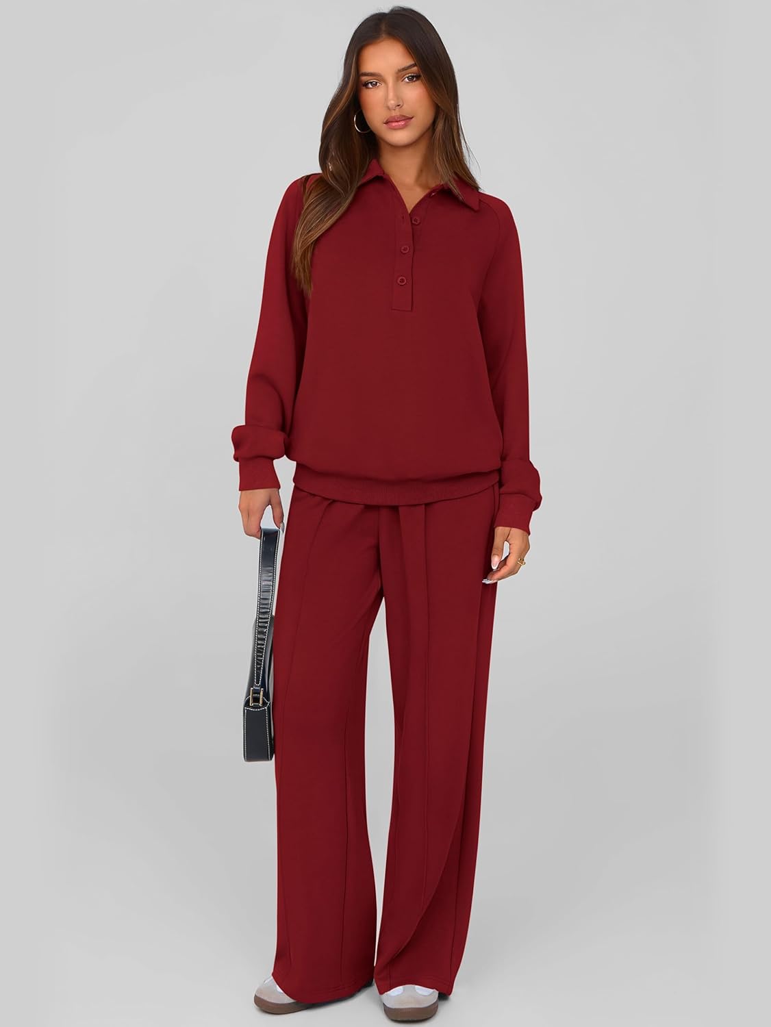 Detalle de PRETTYGARDEN Women Fall 2-Piece Sweatsuit: Quarter Button Sweatshirt and Wide-Leg Pants