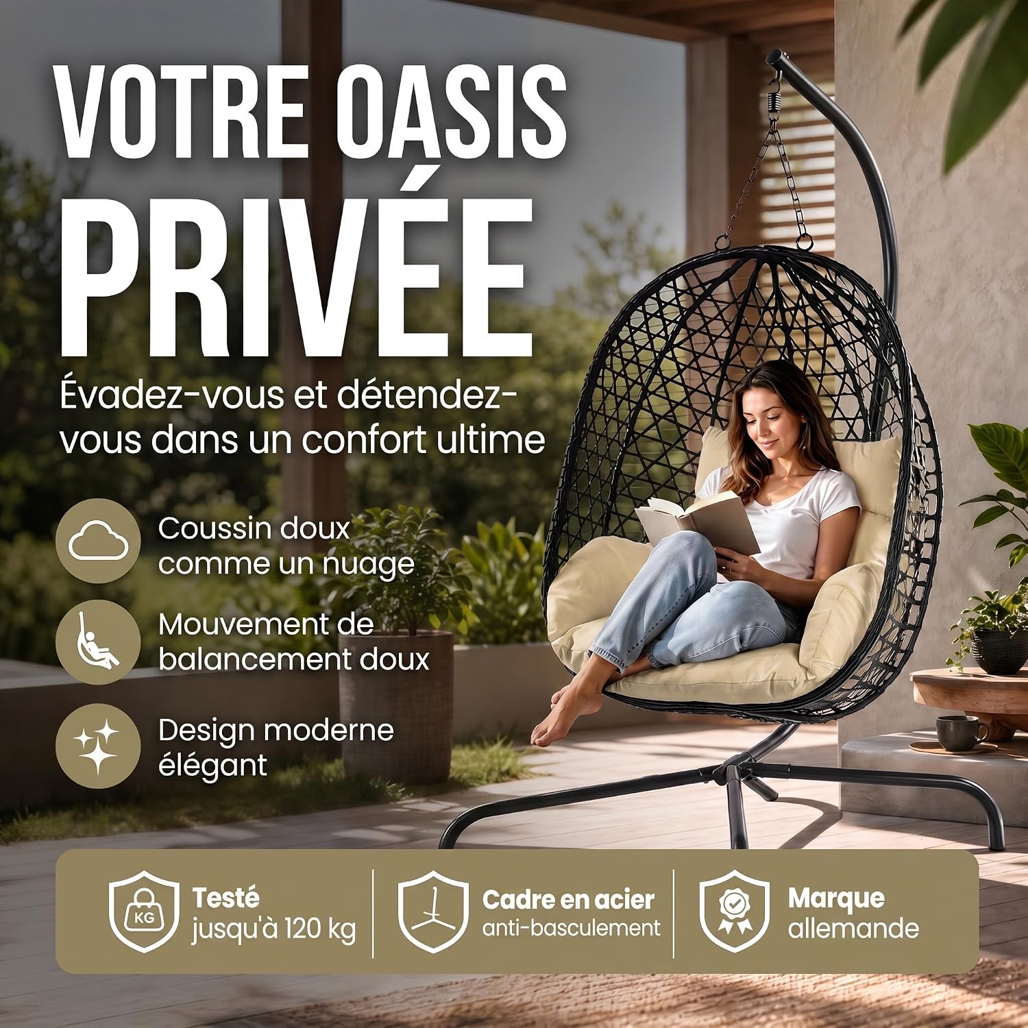 Thumbnail 1 de GOODS+GADGETS® Fauteuil Suspendu avec Support – Egg Chair 120 kg, rotin synthétique et coussin épais