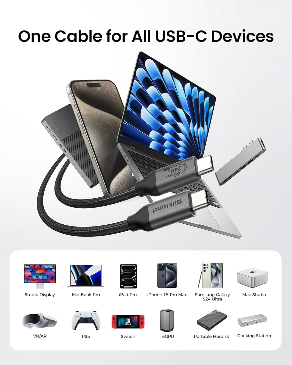 Thumbnail 6 de Silkland USB4 Cable for Thunderbolt 4/3 — 30cm USB-C to USB-C, 40Gbps, 8K/6K/5K, 240W PD3.1 (UK)