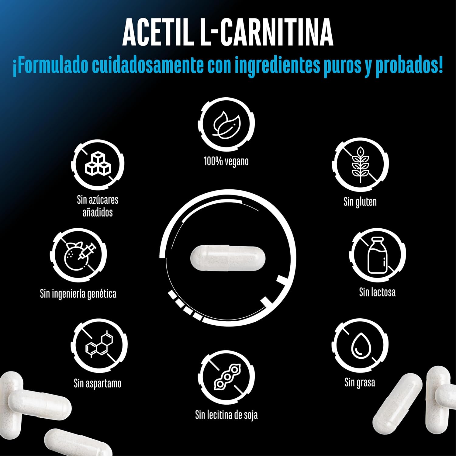 Detalle 2 de Acetil-L-carnitina 3000 mg 250 cápsulas veganas