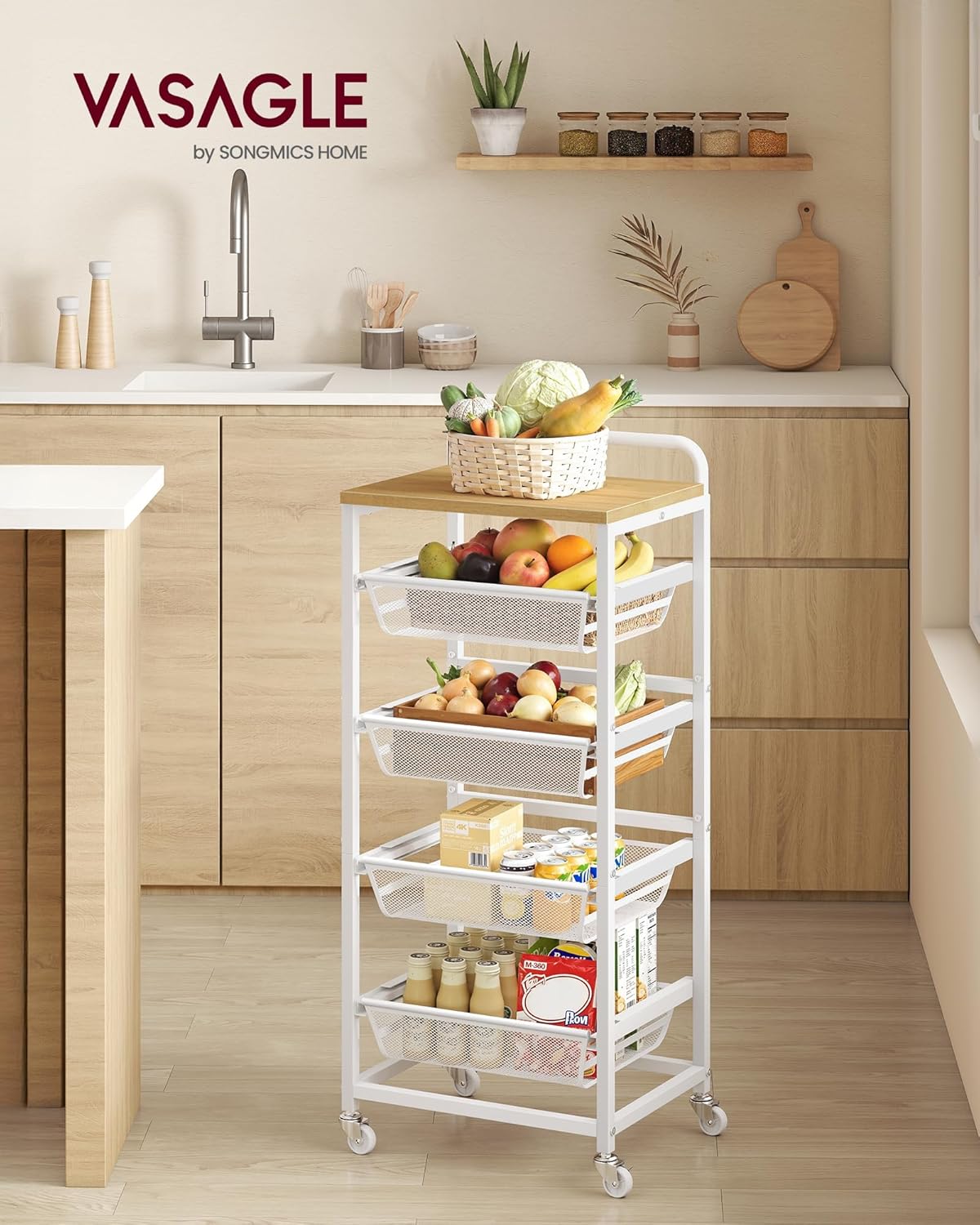 Thumbnail 1 de VASAGLE Carrello da Cucina a 5 Ripiani con Cesti Scorrevoli – Rovere Dorato e Bianco Opaco (LRC041YA01)