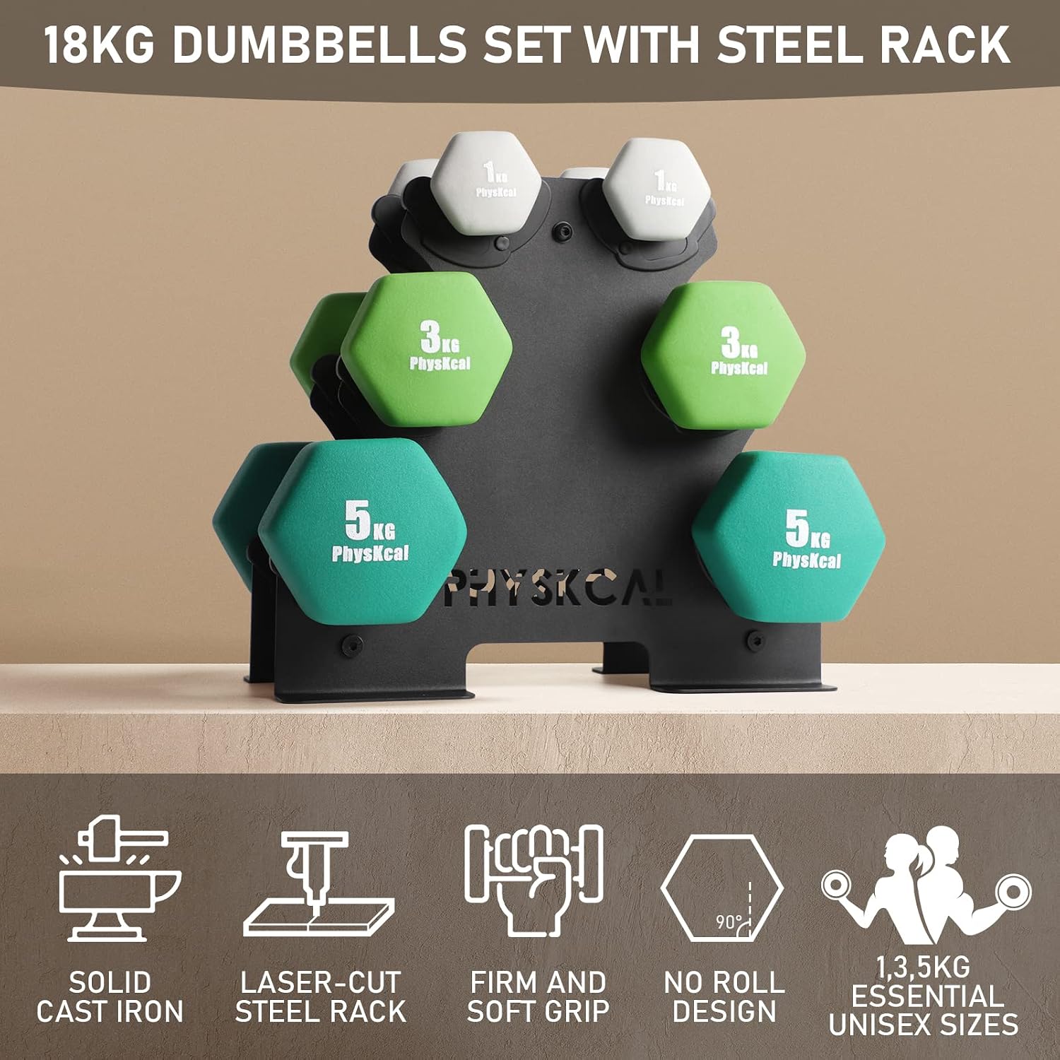 Thumbnail 1 de PhysKcal dumbbells set with storage rack (1kg, 3kg & 5kg pairs) for home, gym & studio