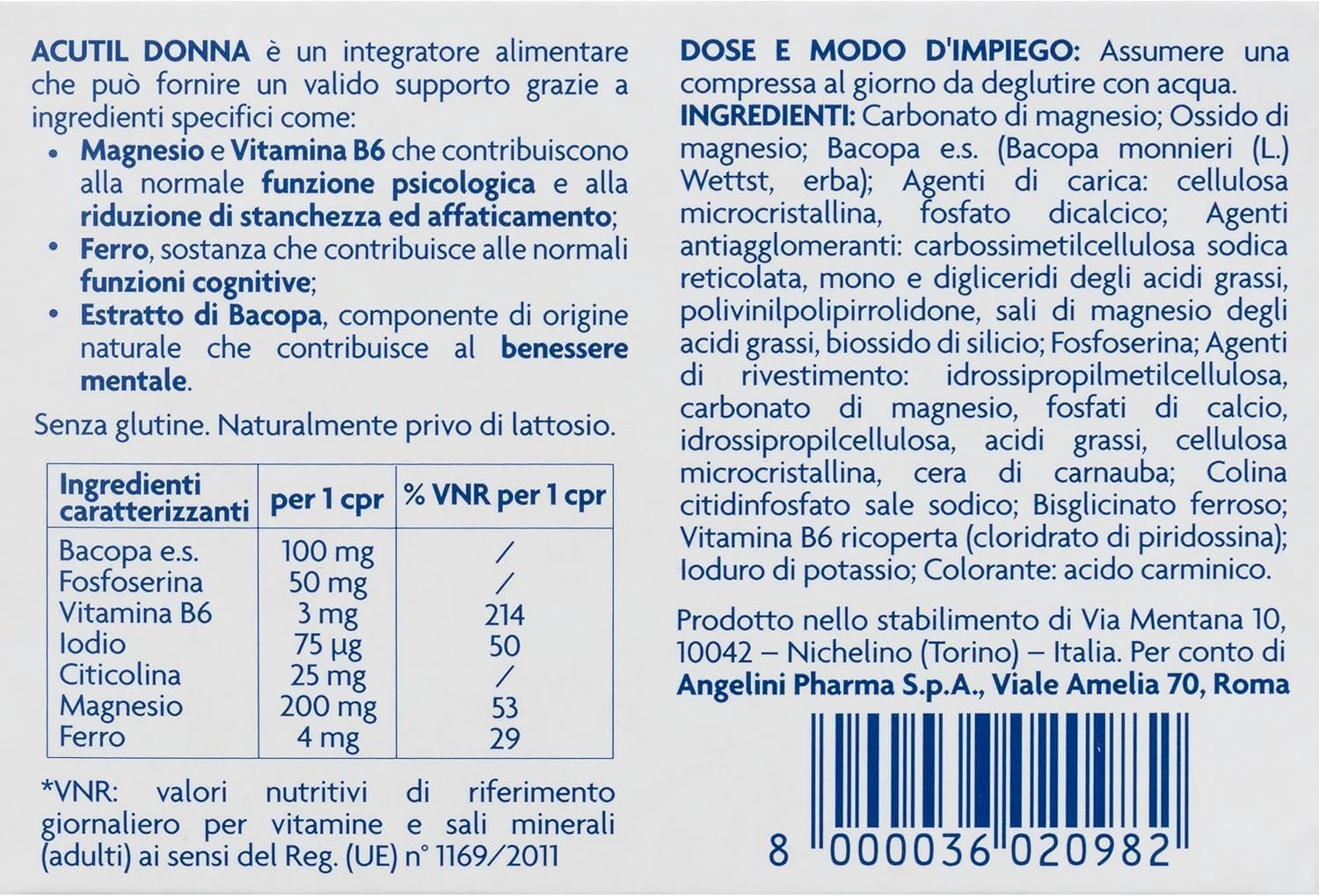 Detalle 2 de Acutil Donna: integratore alimentare con magnesio, vitamina B6, ferro ed estratto di Bacopa per il benessere femminile