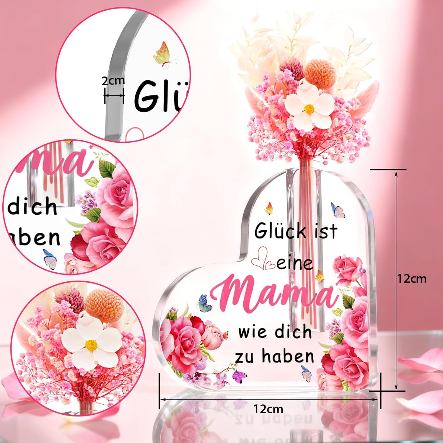 Thumbnail 2 de Wryzorix Acryl-Herzvase „Beste Oma der Welt“ – Muttertags-/Geburtstagsgeschenk (15 x 15 x 2,5 cm)