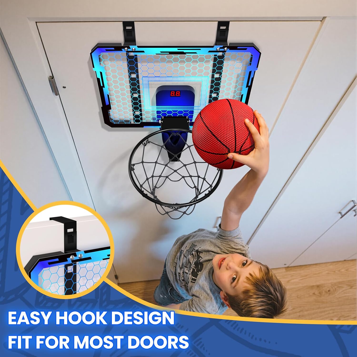 Detalle de QDRAGON Mini Basketball Hoop with Scoreboard, 7 LED Lights and Breakaway Rim