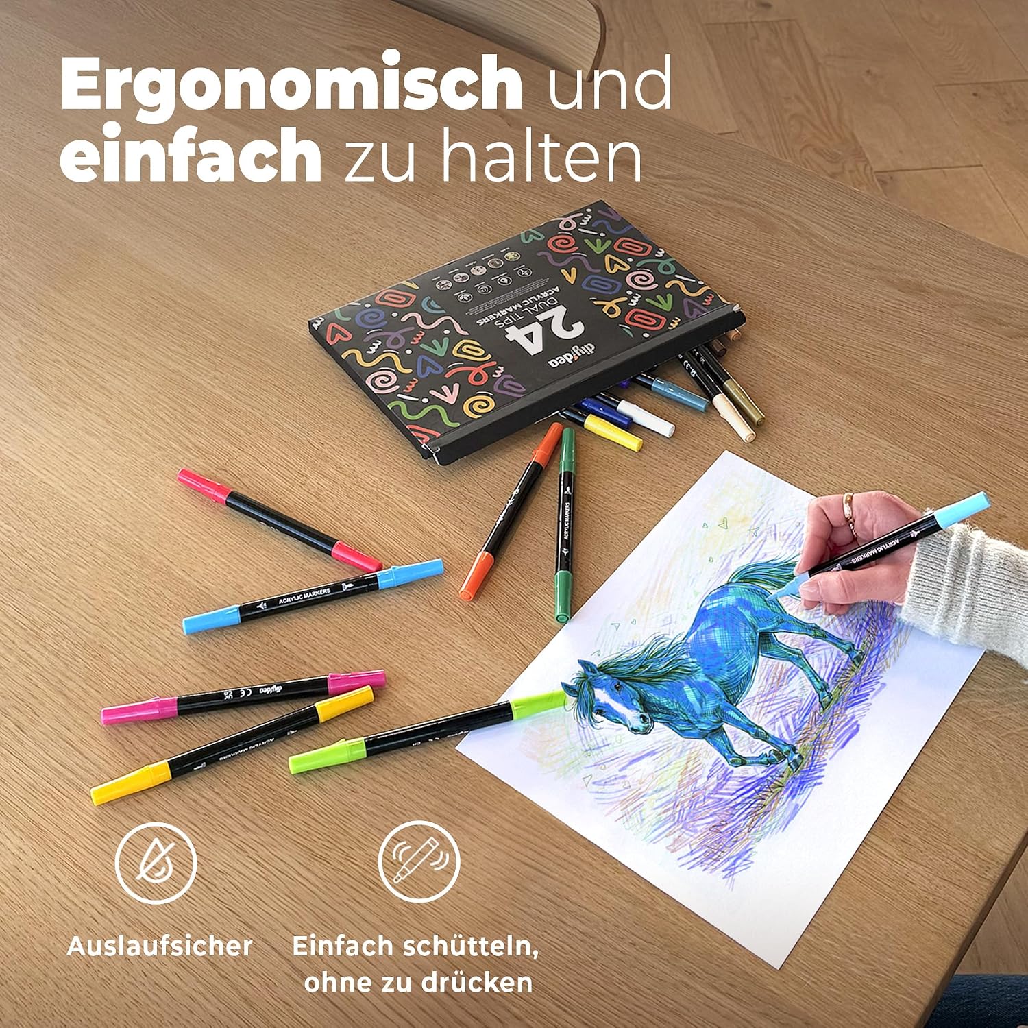 Detalle de DIYIDEA Acrylstifte 24 Farben mit Doppelspitze – wasserbasiert, schnell trocknend für Steine, Holz, Glas, Keramik & mehr