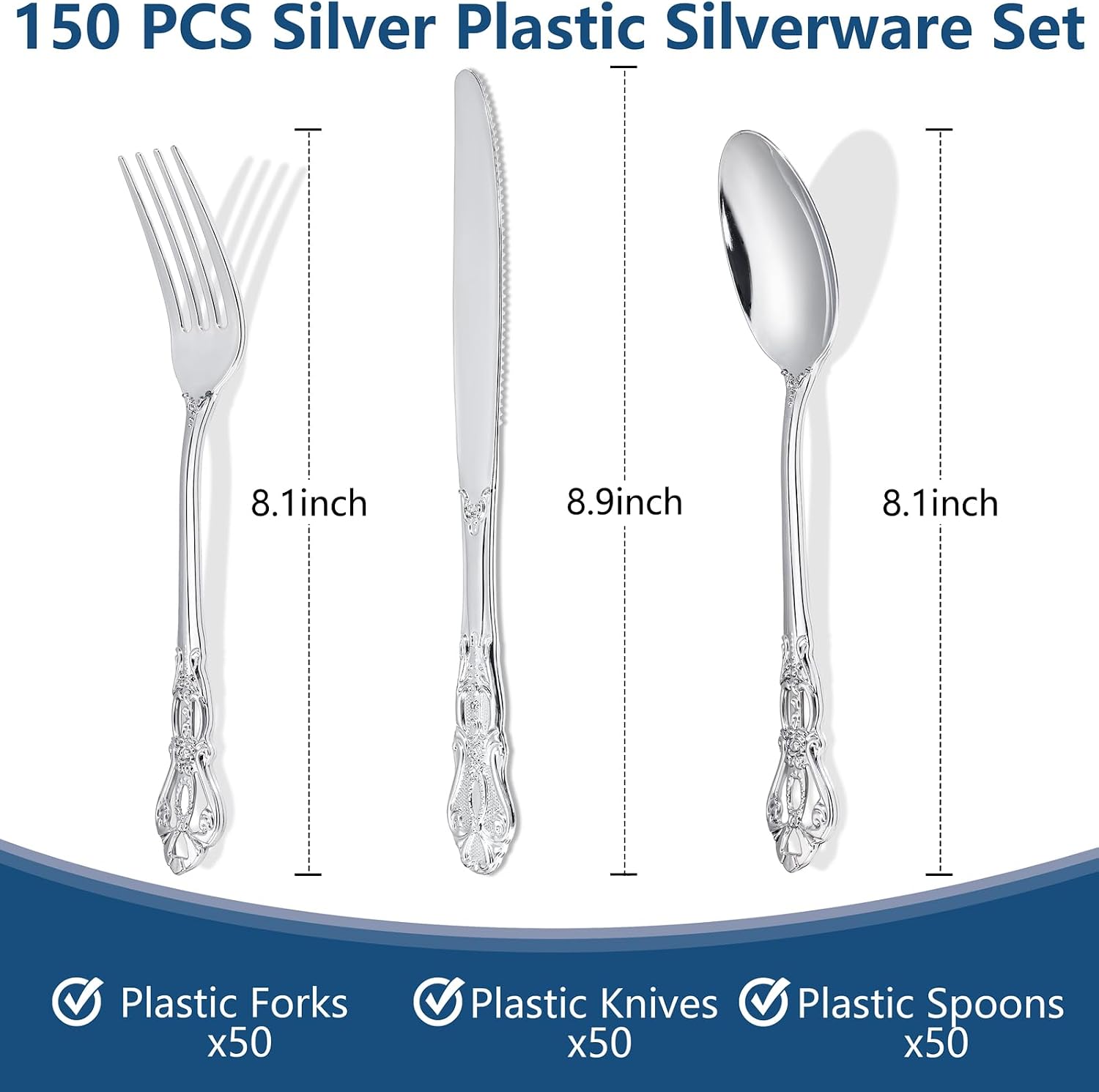 Thumbnail 1 de Joyido 150PCS Silver Plastic Silverware - Heavy Duty Disposable Flatware for Catering, Parties, and Weddings