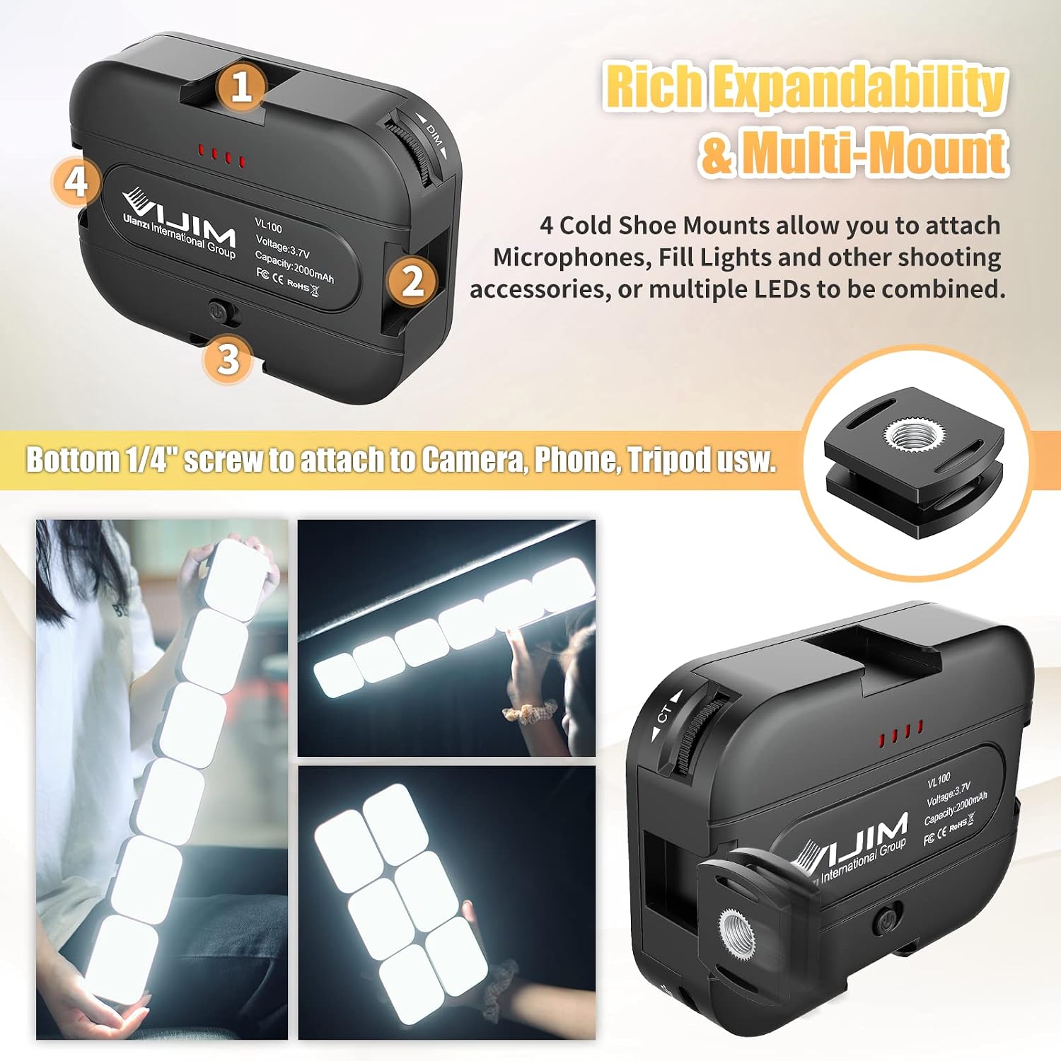 Detalle de ULANZI VL100C LED-Videoleuchte mit 2000-mAh-Akku, CRI95+ und dimmbar (2500K–6500K)