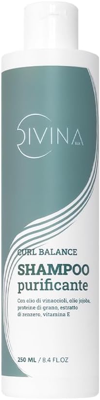 Detalle de DIVINA BLK Curl Balance Shampoo Purificante 250 ml: detersione delicata per capelli mossi, ricci, afro