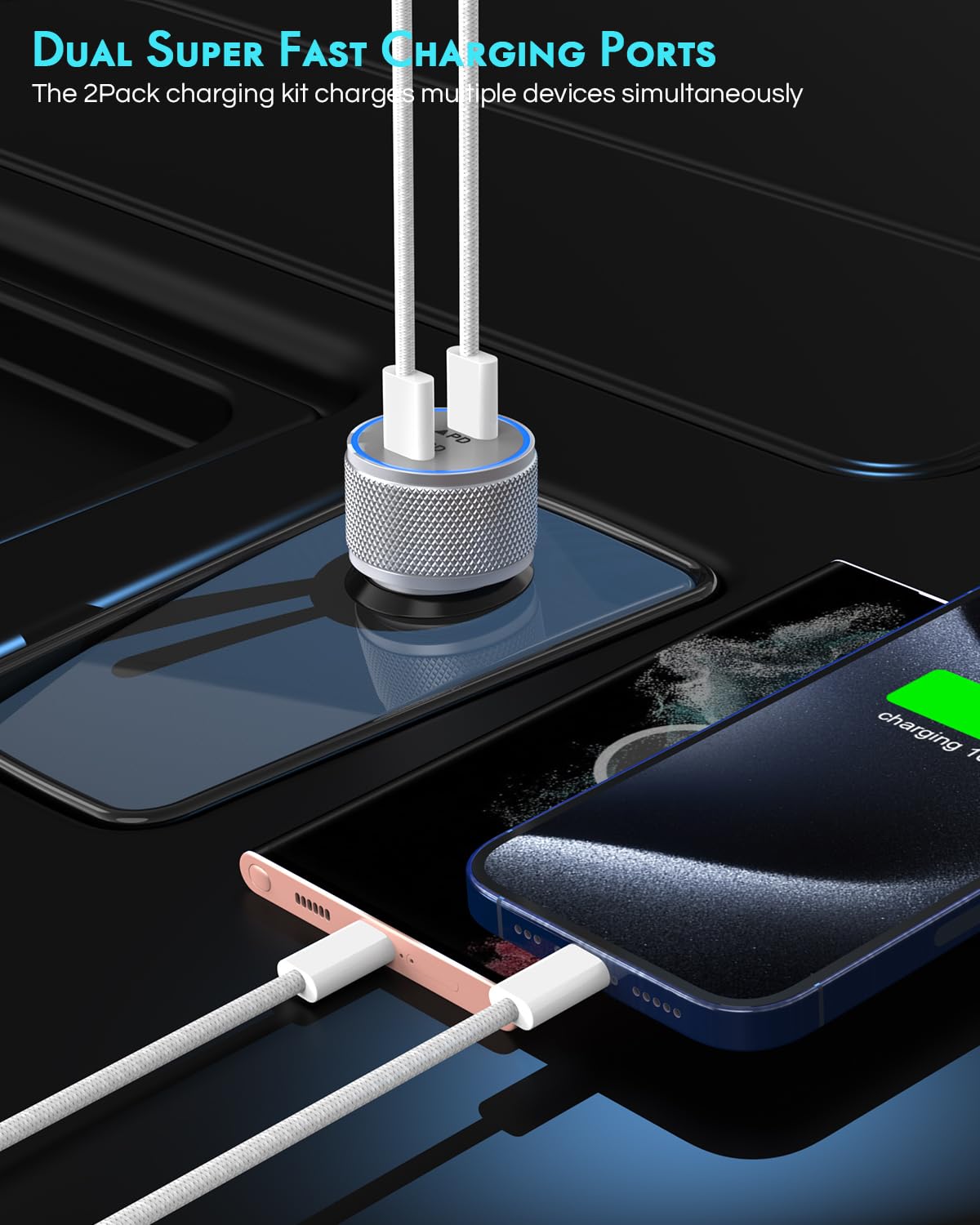 Thumbnail 1 de Fitquipment iPhone 17 Car Charger 2-Pack: Dual USB-C Ports with Nylon Braided Cables