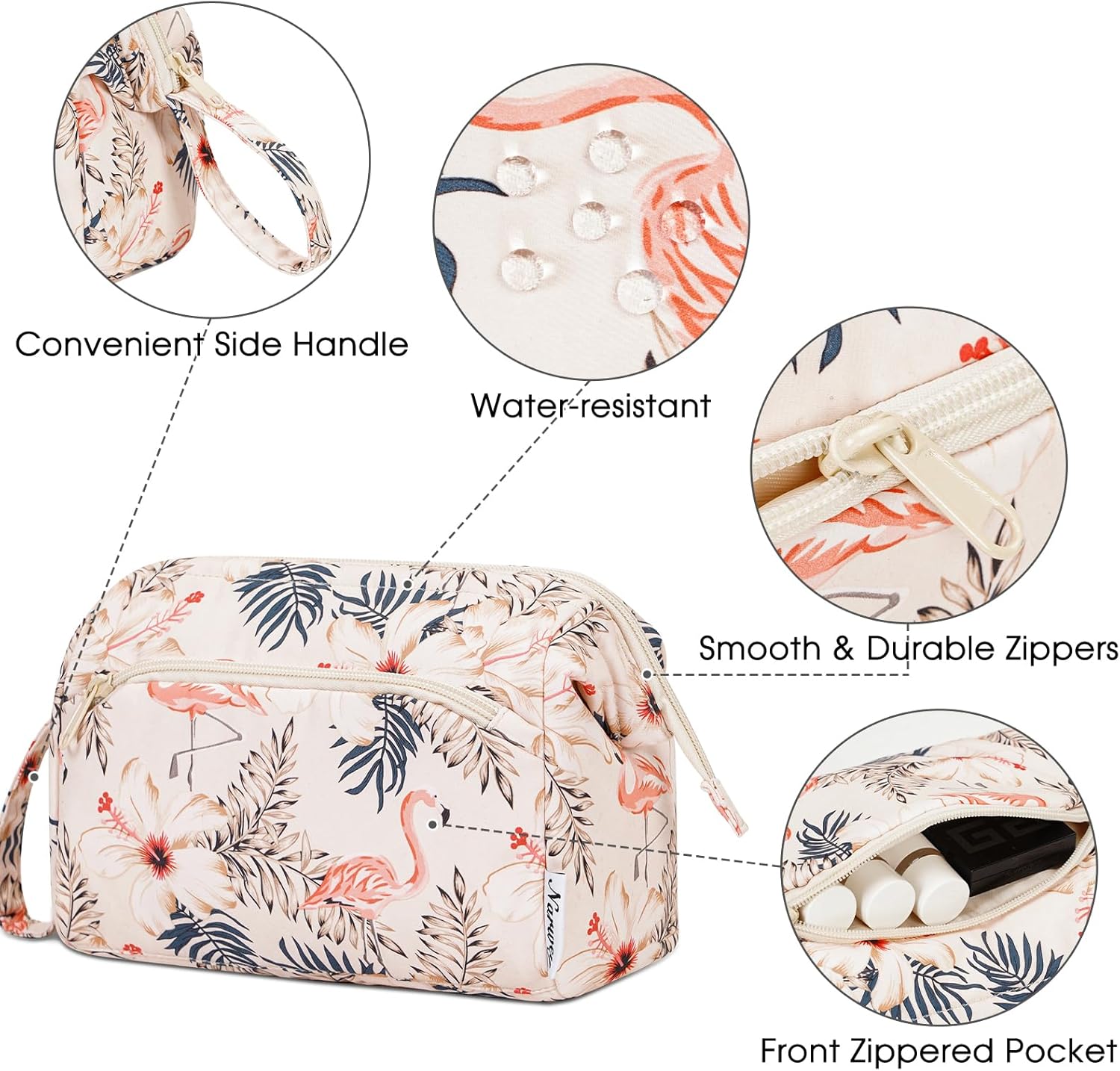 Detalle 2 de Narwey Klein Kulturtasche Damen – Weit geöffnete Kosmetiktasche mit Fächern, Beige Flamingo