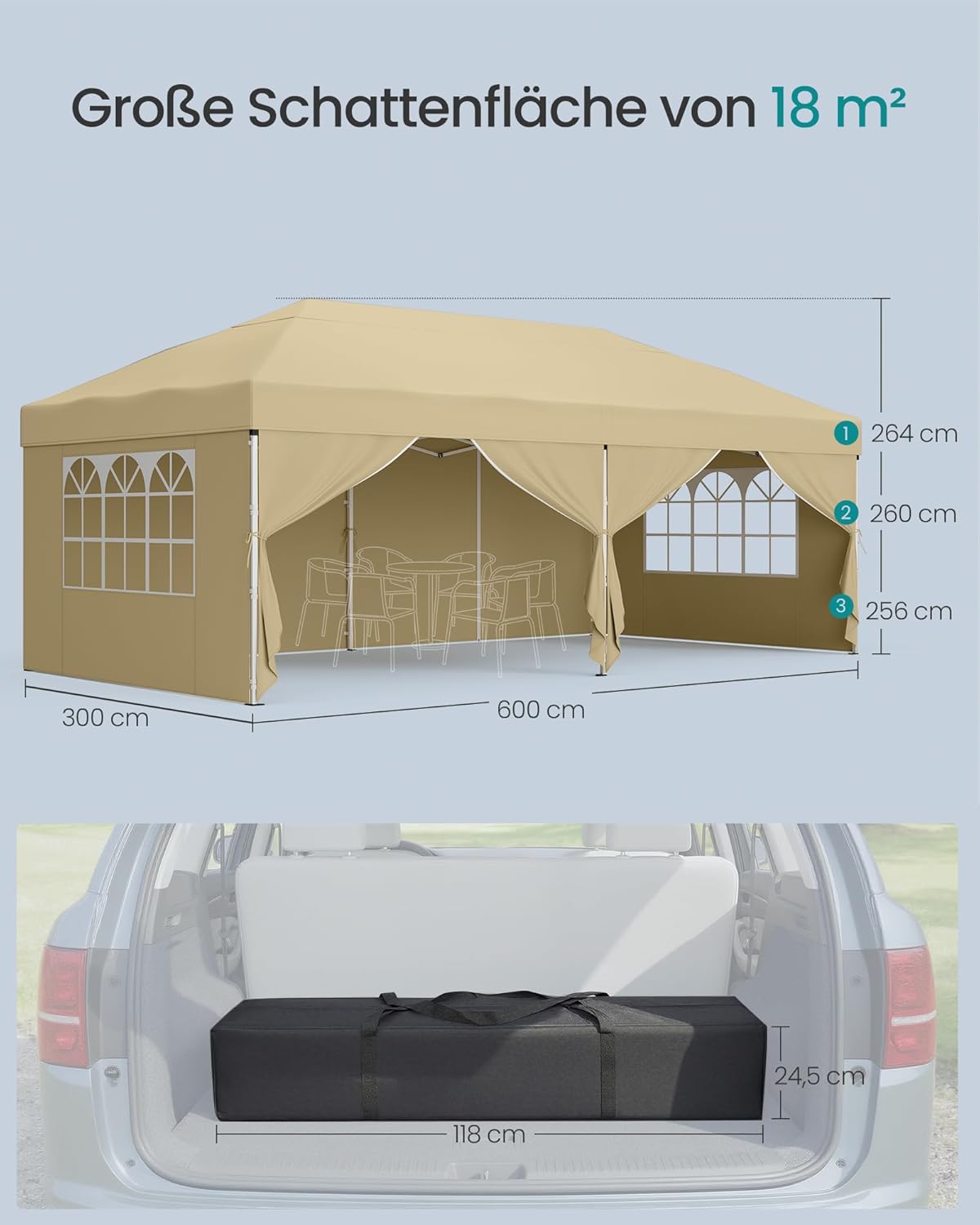 Thumbnail 4 de SONGMICS Pavillon 3 x 6 m mit Seitenwänden (beige) – faltbarer Gartenpavillon für Party, Markt & Hof GCT204LZ01