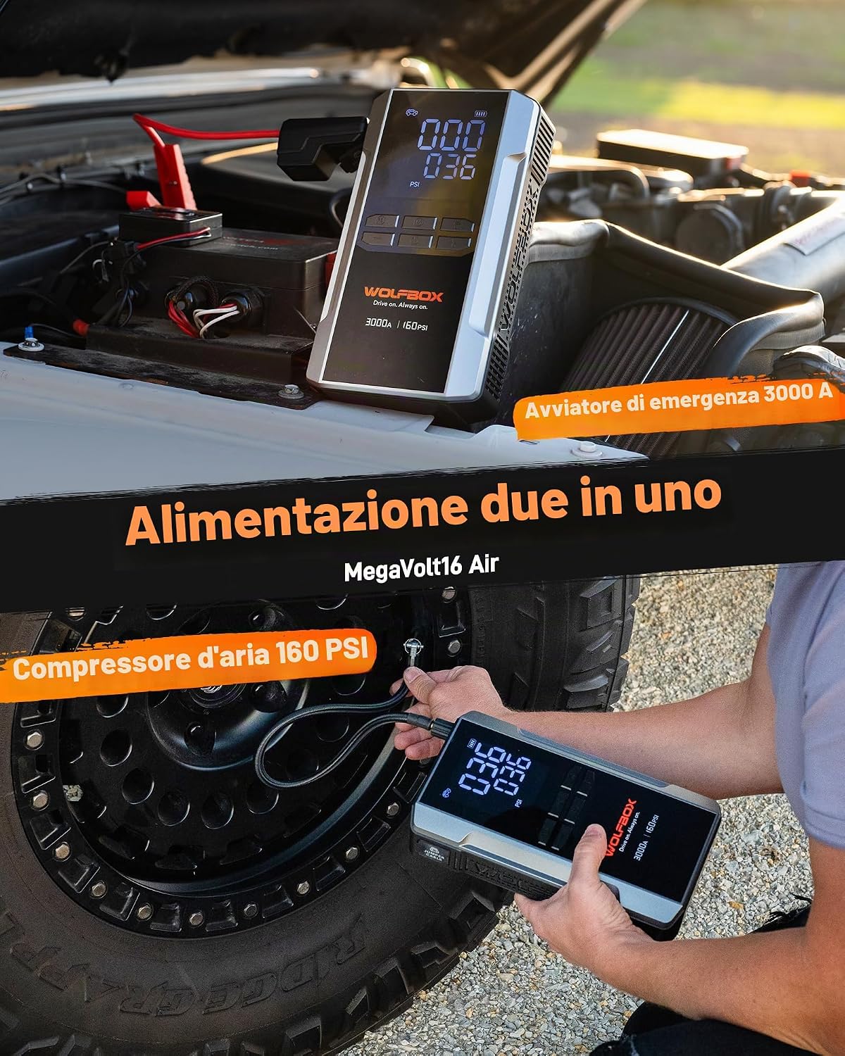 Detalle de WOLFBOX avviatore di emergenza 3000A con compressore d’aria e ricarica rapida 65W (pacchetto 12V)