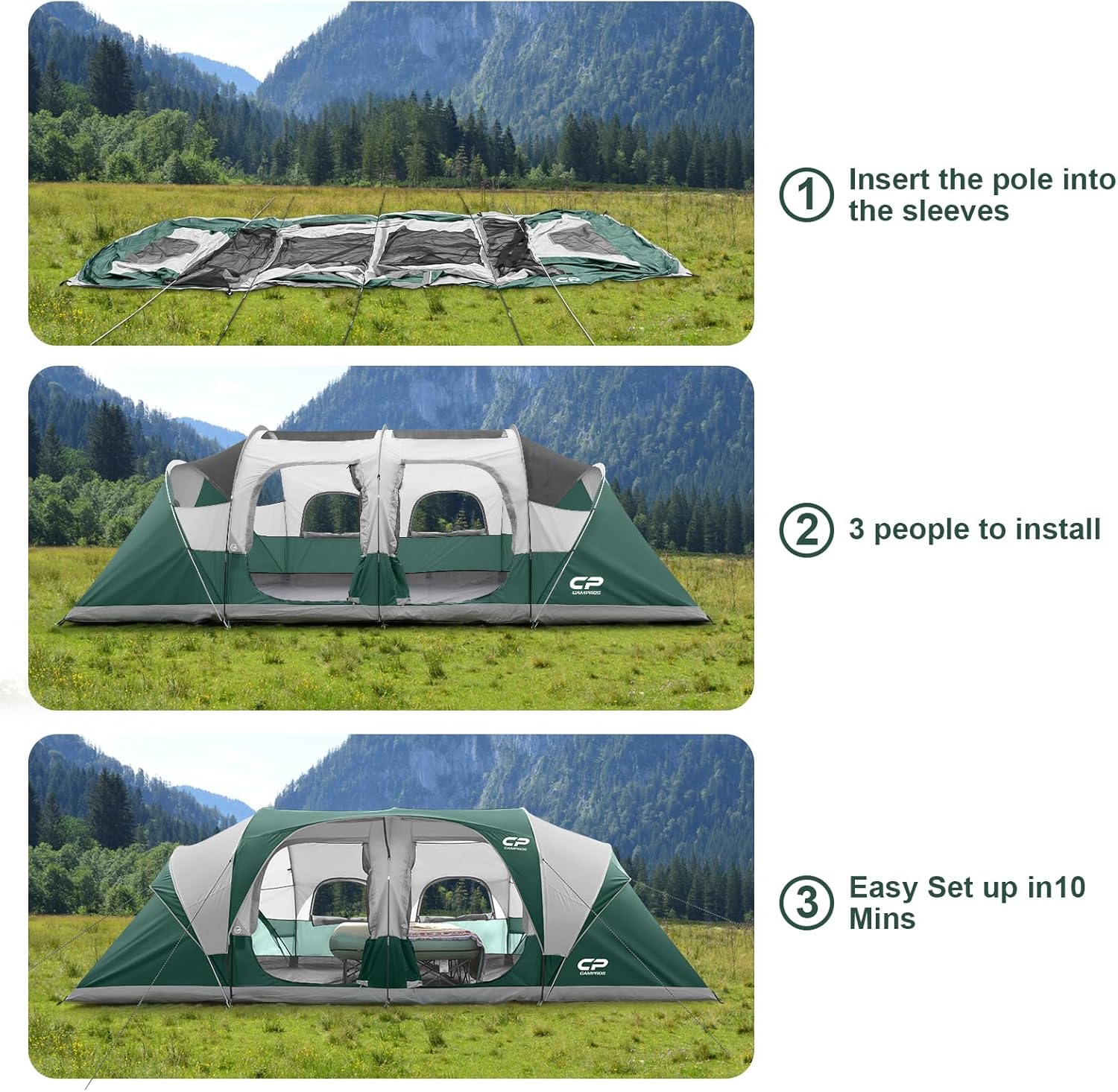 Thumbnail 3 de CAMPROS CP 12-Person Tent: 3-Room Family Cabin Tent with Top Rainfly, Waterproof & Windproof, 20' x 9' x 72" H