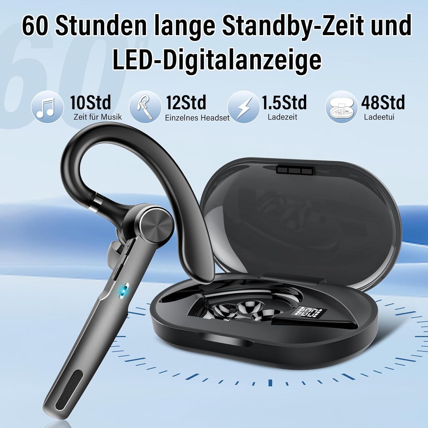 Thumbnail 3 de Bluetooth Headset Wireless Freisprech Telefon mit Bluetooth 5.3 und 60H Spielzeit – Dual-ENC Dual-Mikro, mit Ladecase, Schwarz