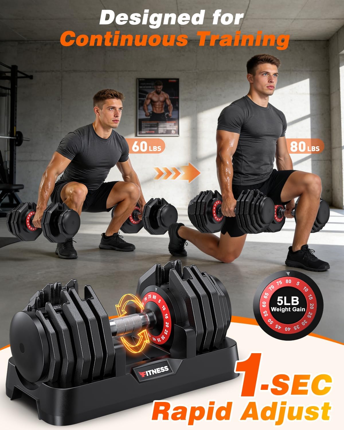 Detalle 2 de Rendpas Adjustable Dumbbell Set, 5–80 lb Range, Dial Adjustment and Storage Tray