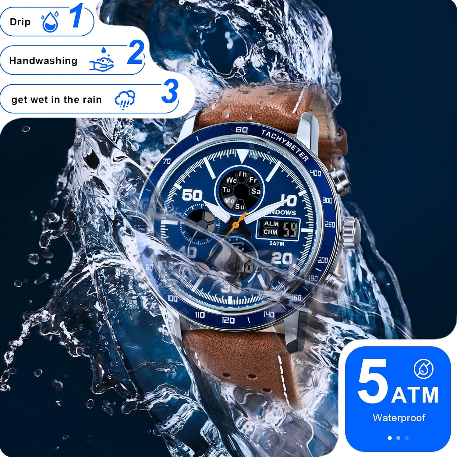 Detalle 2 de PINDOWS Herrenuhren – Multifunktionale Lederuhr mit Dualzeit, 30 m Wasserdicht