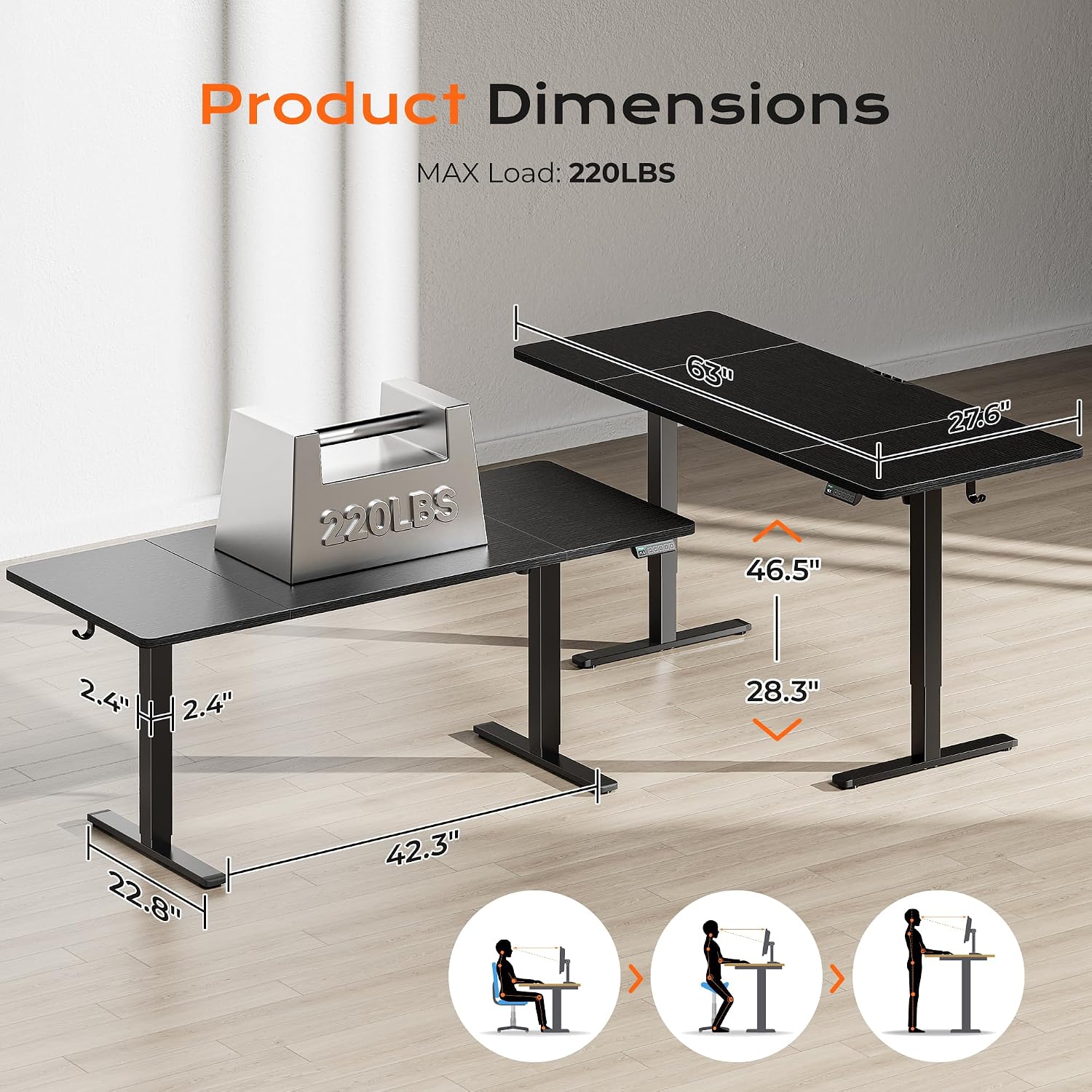 Detalle 2 de Huuger 63 x 28 Electric Standing Desk 27.6"
