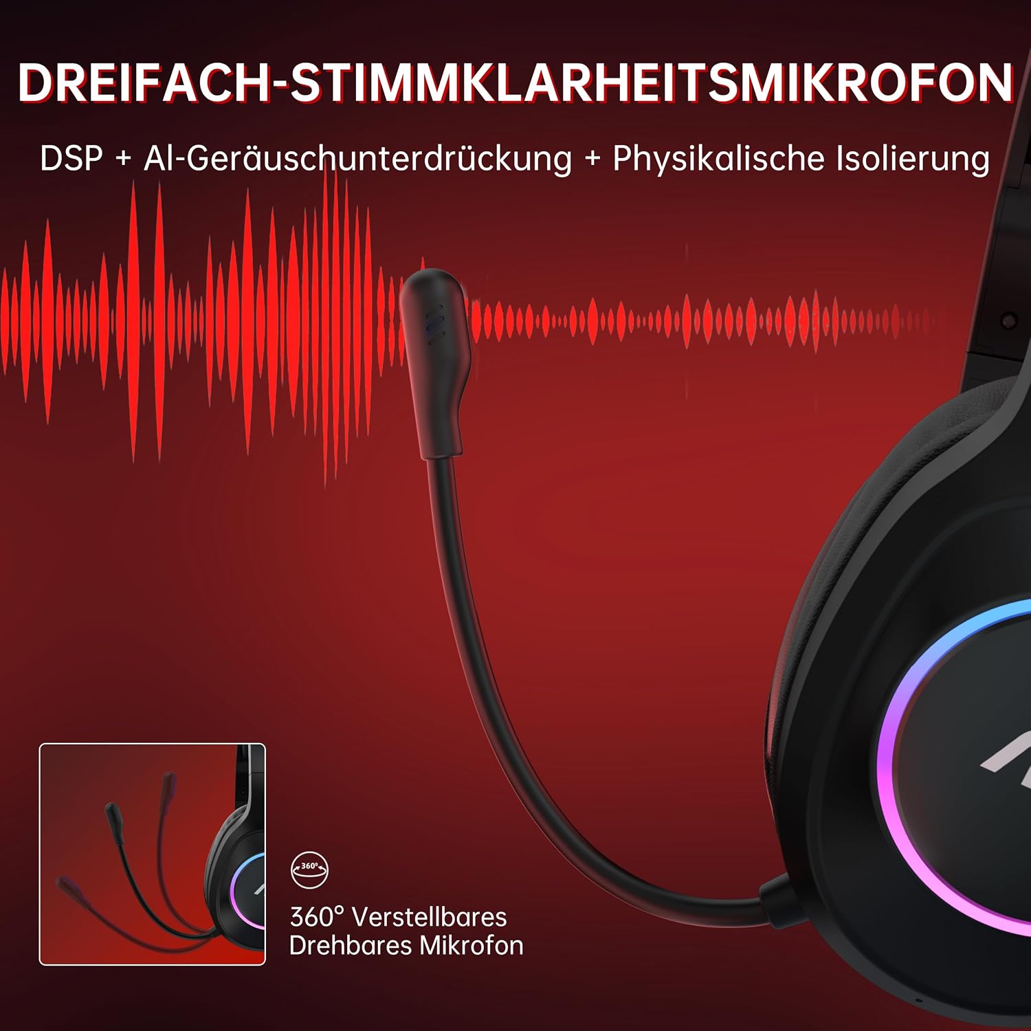 Detalle de AOC Gaming Headset kabellos – Vielseitige 4-in-1-Verbindung, 7.1-Surround-Sound und lange Ausdauer