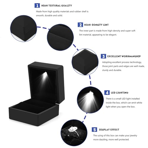 Detalle de Yosoo Health Gear caja de anillo con luz LED para propuesta de boda y San Valentín (negro)