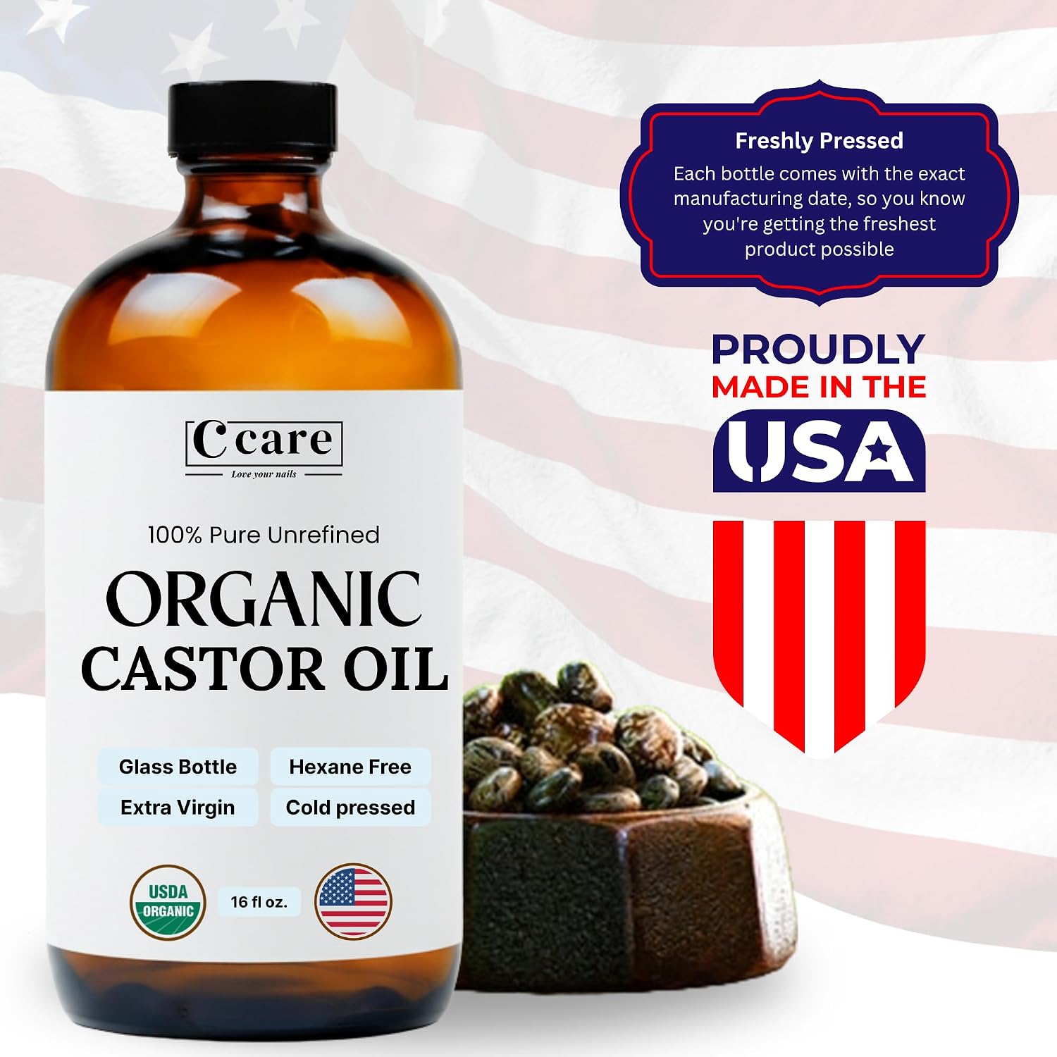 Detalle de 100% Pure Organic Castor Oil, Cold-Pressed Unrefined in Amber Glass Bottle (16oz) – Hexane Free USDA Organic