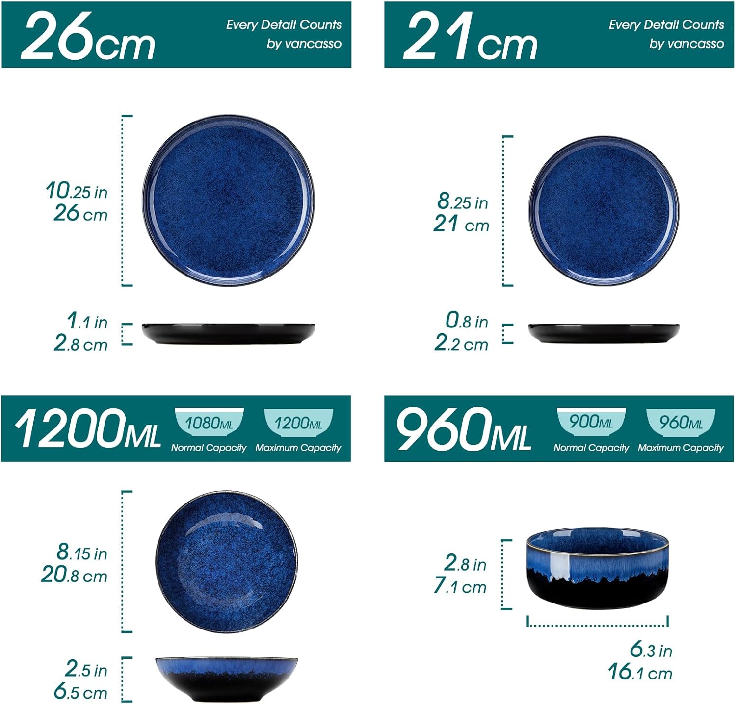 Detalle 2 de vanCasso STARRY 24-teiliges Geschirrset für 6 Personen – Blau, Steingut/Kombi-Service