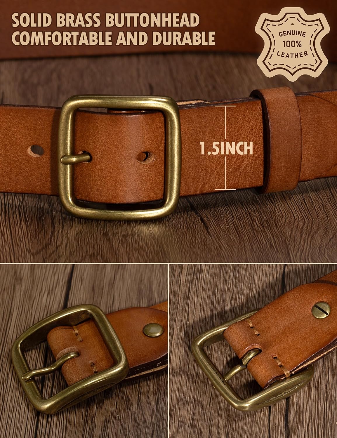 Thumbnail 3 de wolksprong Full-Grain Leather Men's Belt, 4 mm, Solid Brass Buckle