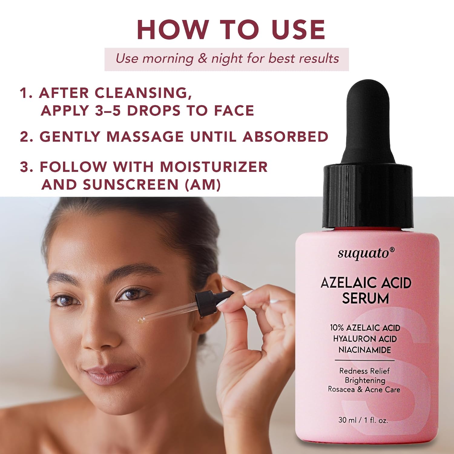 Detalle de Suquato Azelainsäure Serum 10% – Gesichtsserum mit Azelainsäure, Niacinamid und Hyaluronsäure (30 ml)