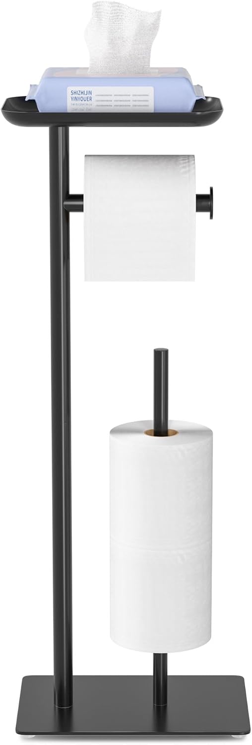Thumbnail 6 de Black Toilet Paper Holder Stand with Top Storage Shelf — Free Standing Floor Dispenser for 4 Reserve Rolls