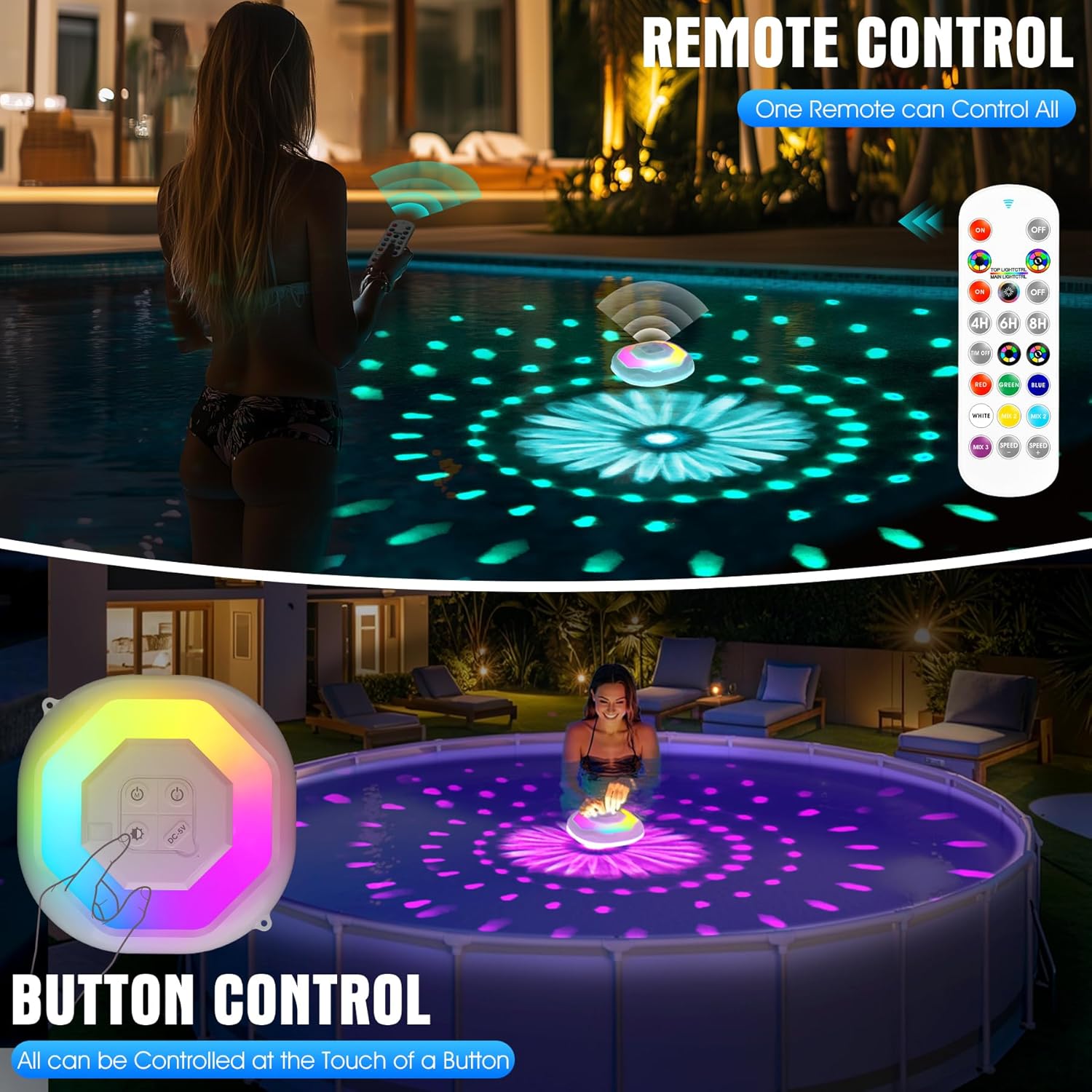 Detalle 2 de DeeprBetter Lumière Piscine Flottante avec Télécommande – Pack 2, Éclairage LED Sans Fil IP68