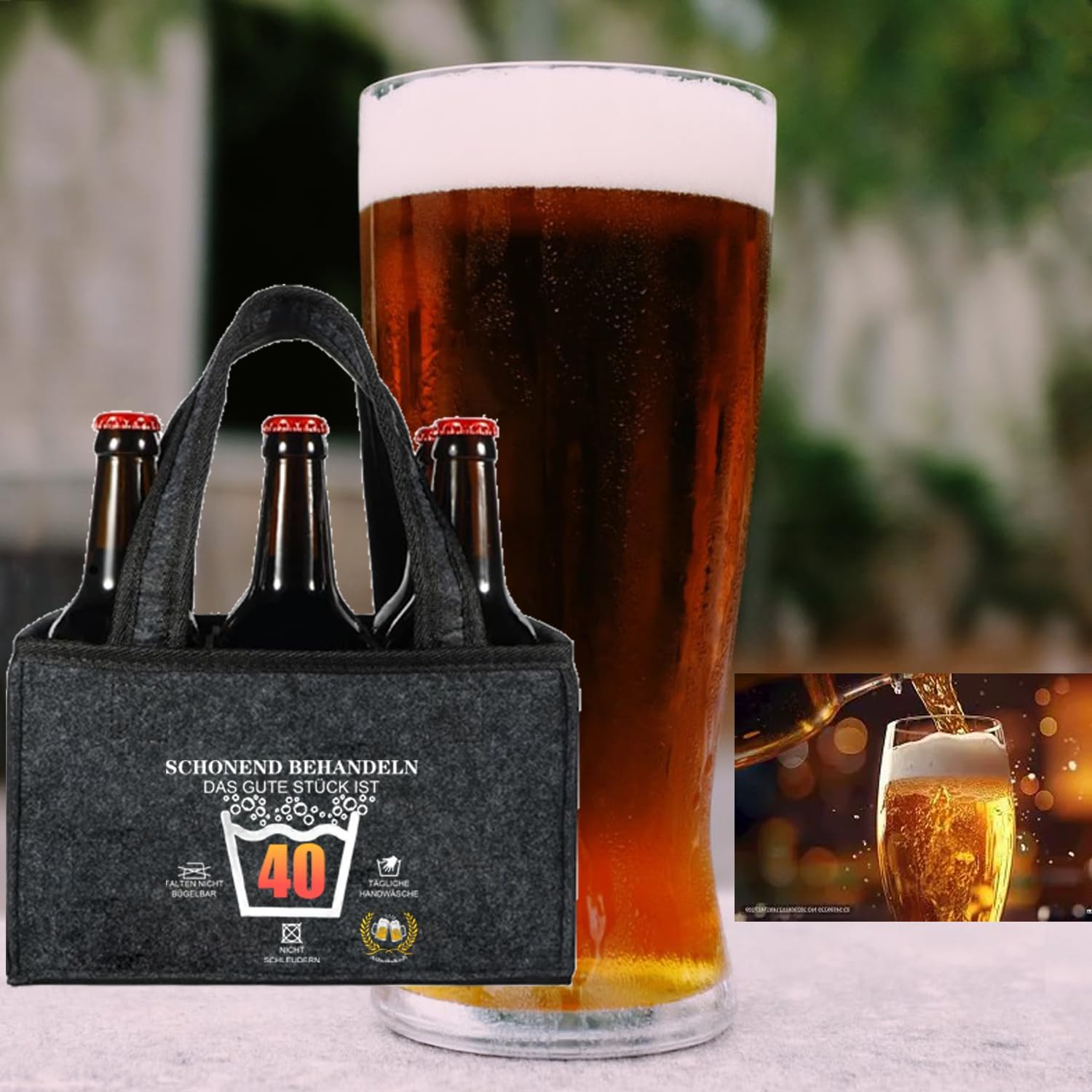 Detalle 2 de AiDeHuaKeJi Männerhandtasche Bier Geschenk zum 40. Geburtstag – Filz-Träger für 6 Flaschen inkl. Öffner & Grußkarte