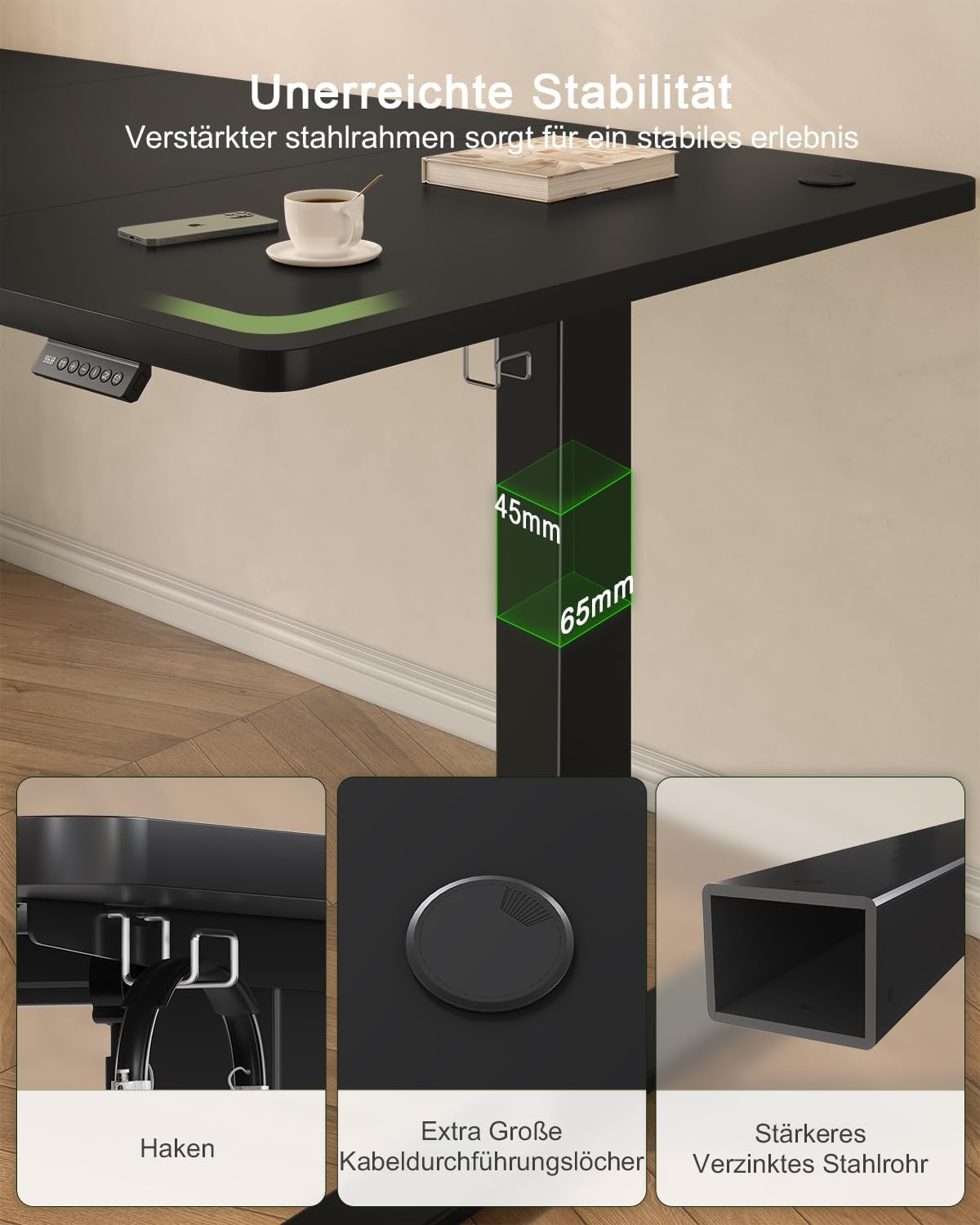 Detalle de JUMMICO elektrisch höhenverstellbarer Schreibtisch mit USB-Ladeanschluss, 160 x 70 cm (schwarz)
