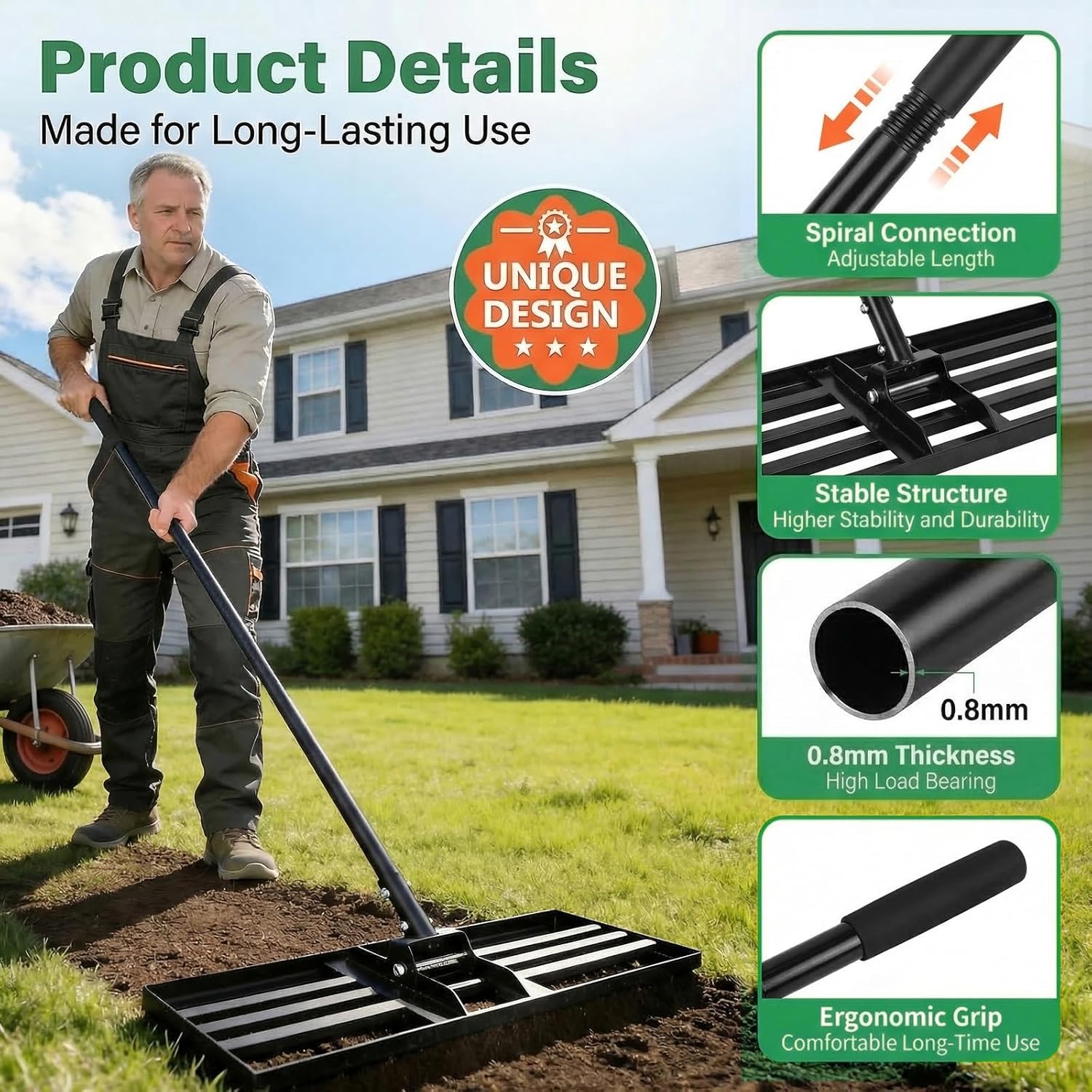 Thumbnail 6 de Fuuwuu Lawn Levelling Rake – heavy-duty 76cm metal leveller with 200cm ergonomic long handle