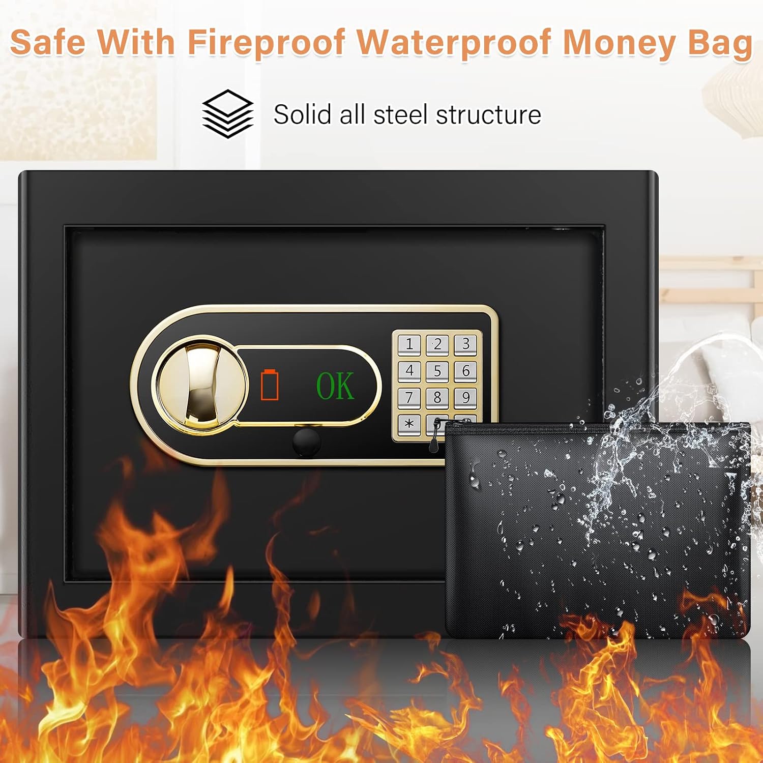 Detalle de Mejasg Safe Tresor feuerfest & wasserdicht 25L mit externem Batteriefach und herausnehmbaren Regal