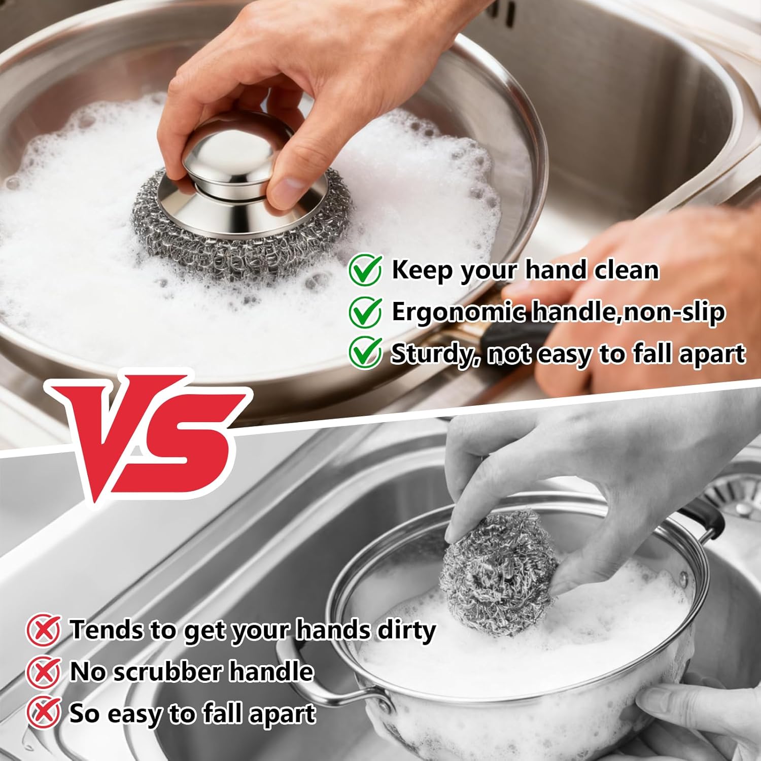 Detalle de Steel Wool Scrubber, 4-Pack with Handle: Durable Stainless Steel Cleaning Pad Set for Kitchen and Beyond