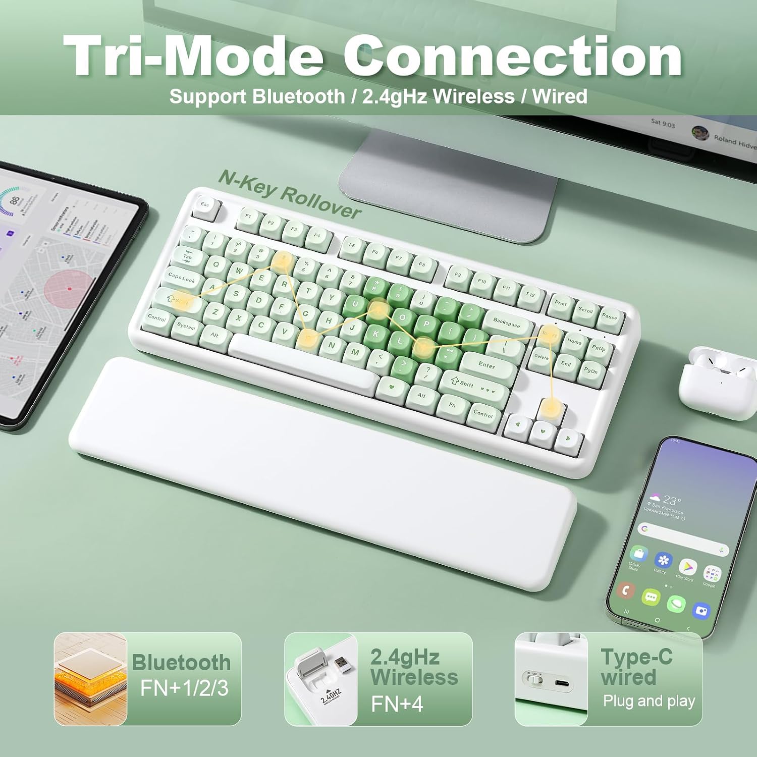 Detalle de YUNZII B87 Wireless Mechanical Keyboard: 87 Keys, Tri-Mode Connectivity, Hot-Swap, QMK/VIA