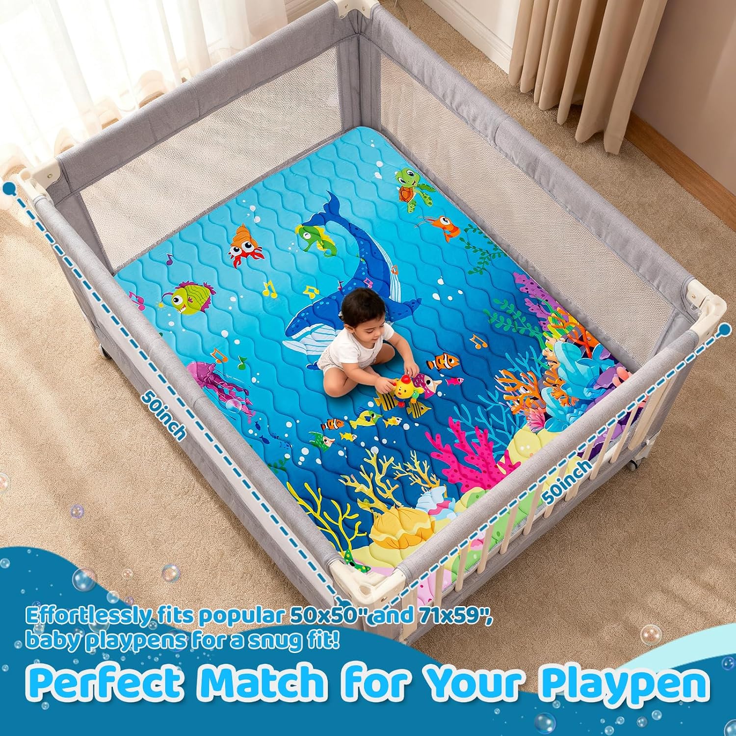 Detalle 2 de RONGFA 50" x 50" Baby Play Mat, Thick Foam, Non-Slip, Machine Washable, Sea