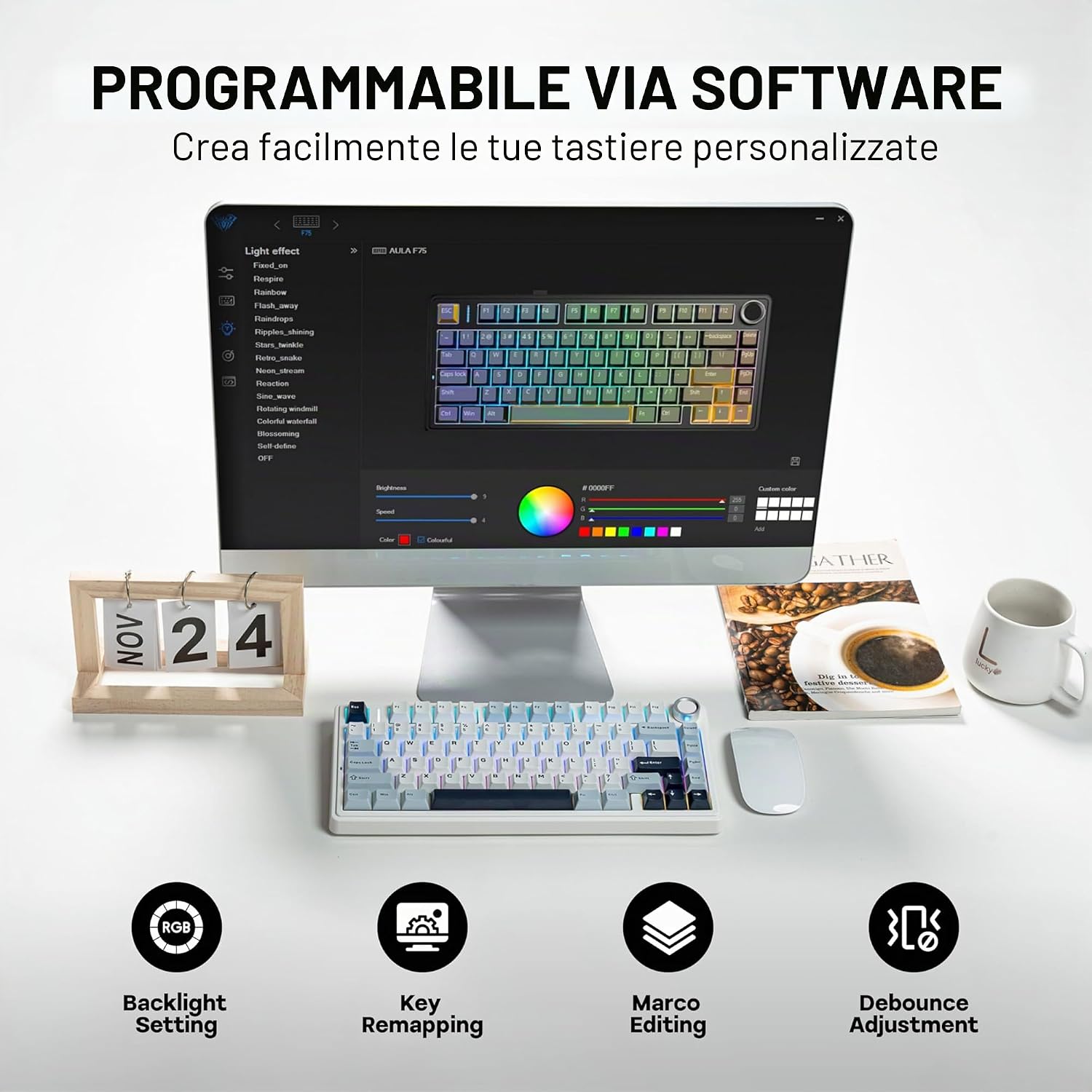 Detalle de MechLands Aula F75 PRO 75%: tastiera meccanica personalizzabile con triple connettività e suono cremoso