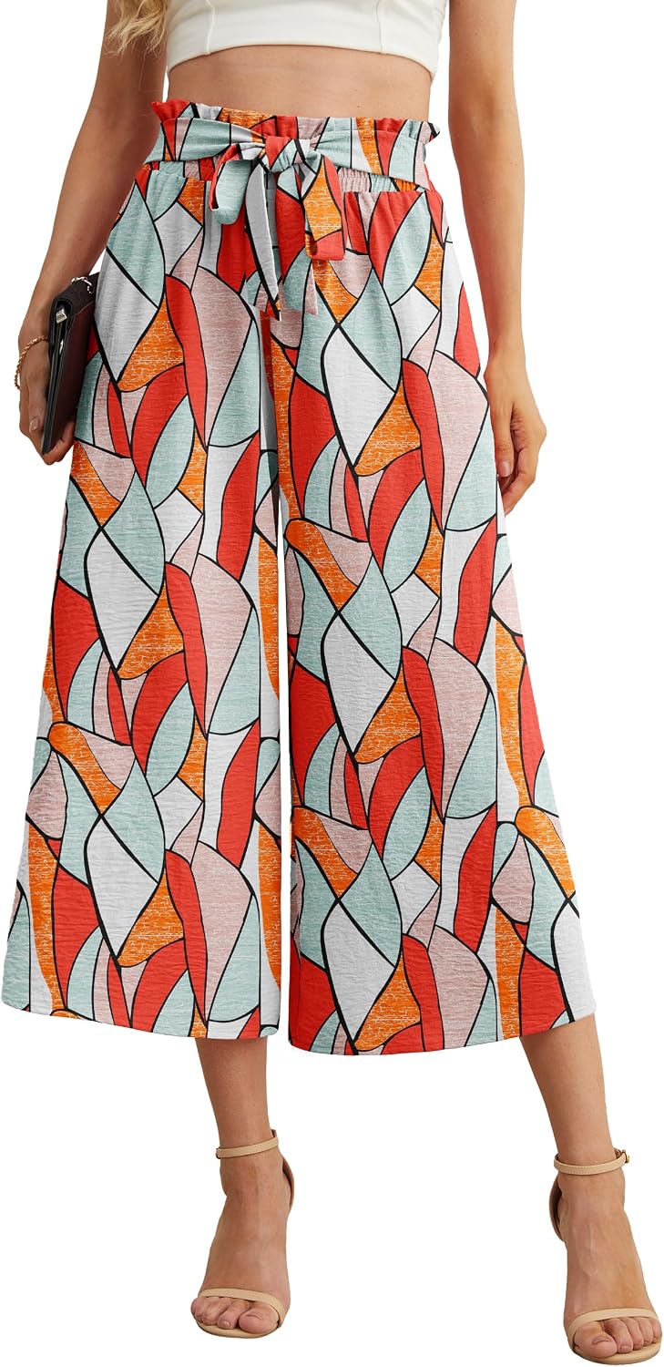 Detalle de IWOLLENCE Women’s Flowly Loose Wide-Leg Pants (High Waist, Adjustable Knot) for Summer Beach & Work Casual