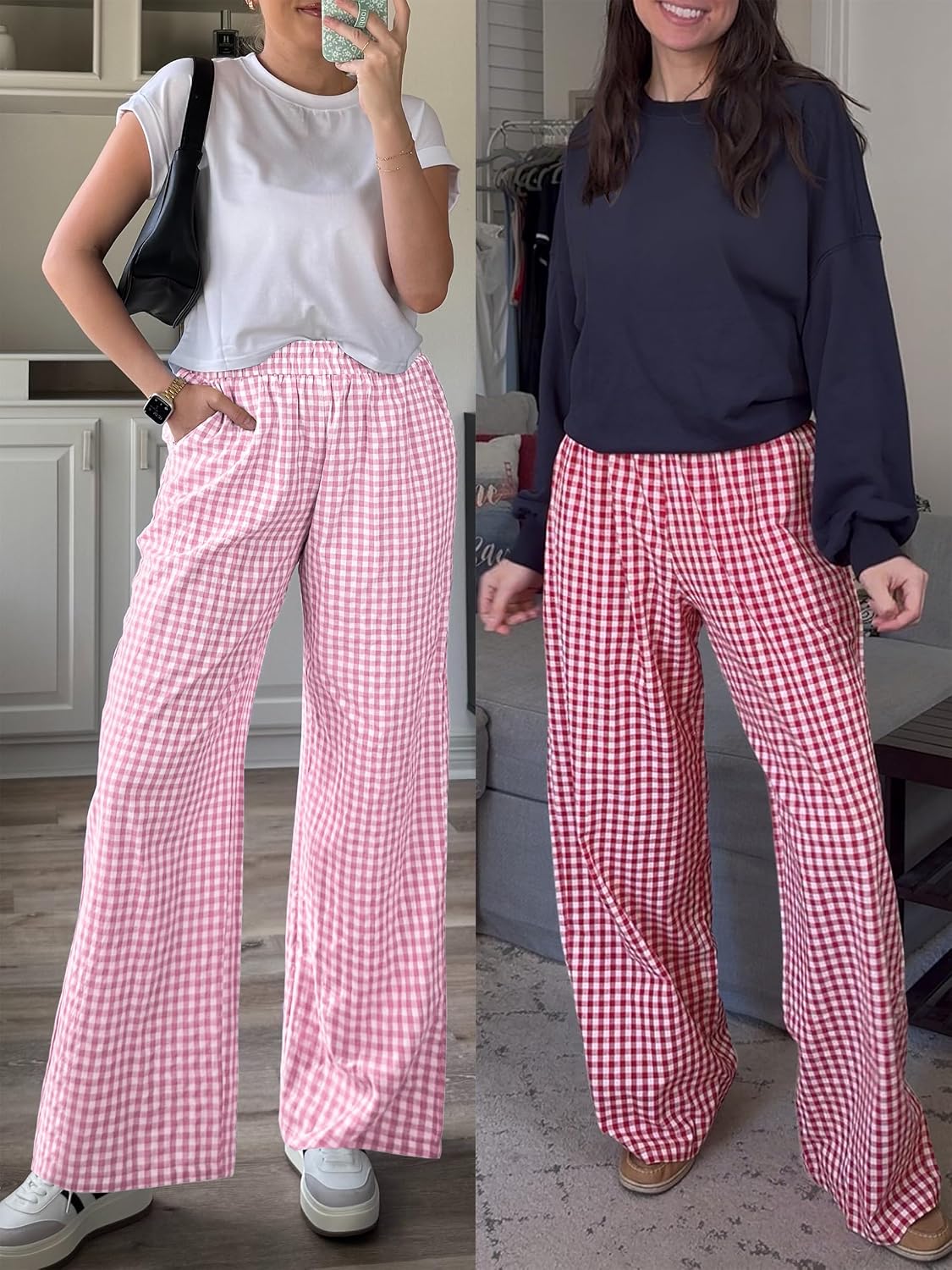 Detalle de ANRABESS Striped Gingham Palazzo Pants – Wide Leg, Smocked High-Waisted Pajama & Lounge Pants